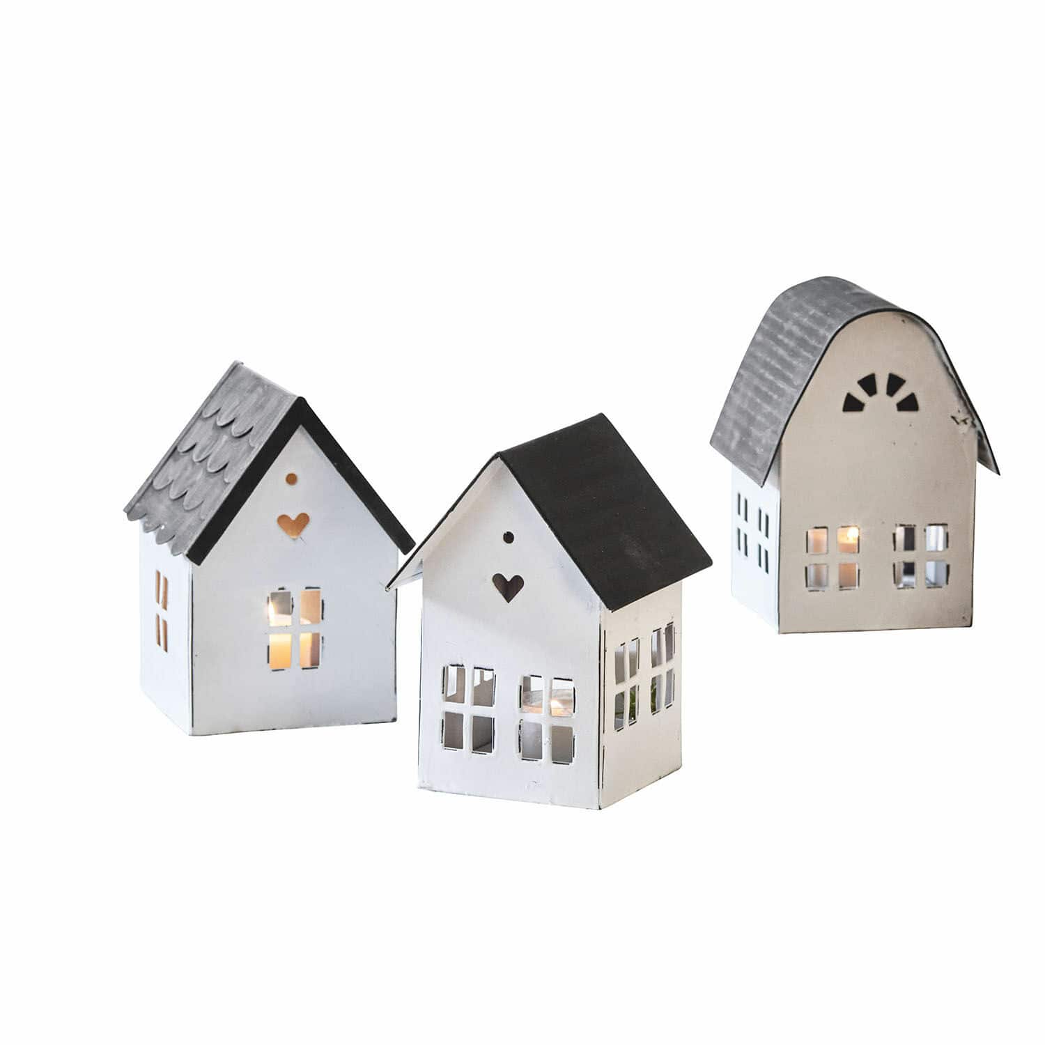 Lantaarn set van 3 Lambray Set van drie metalen lantaarns in de vorm van witte en grijze huisjes voor interieurdecoratie