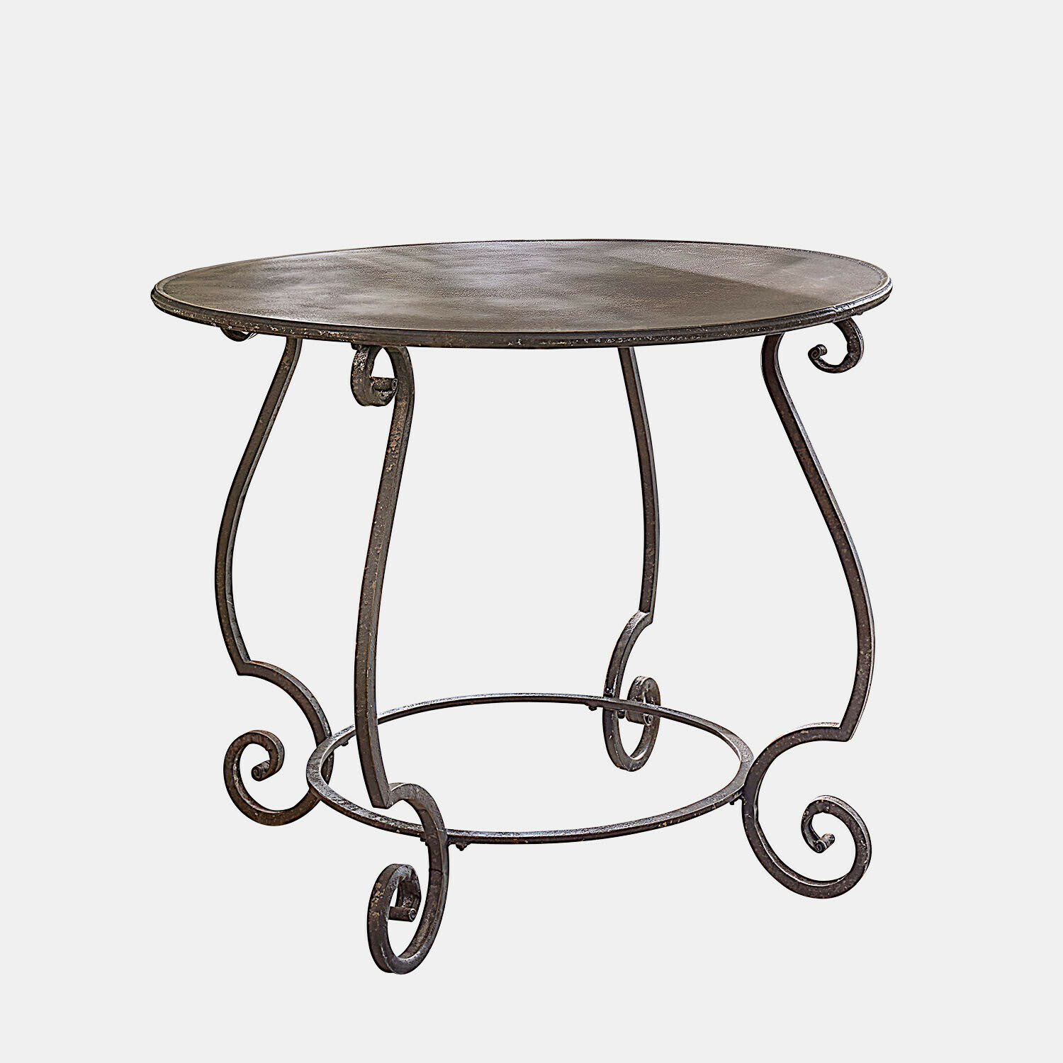 Table ronde en métal brun foncé avec pieds décoratifs en spirale pour salon élégant