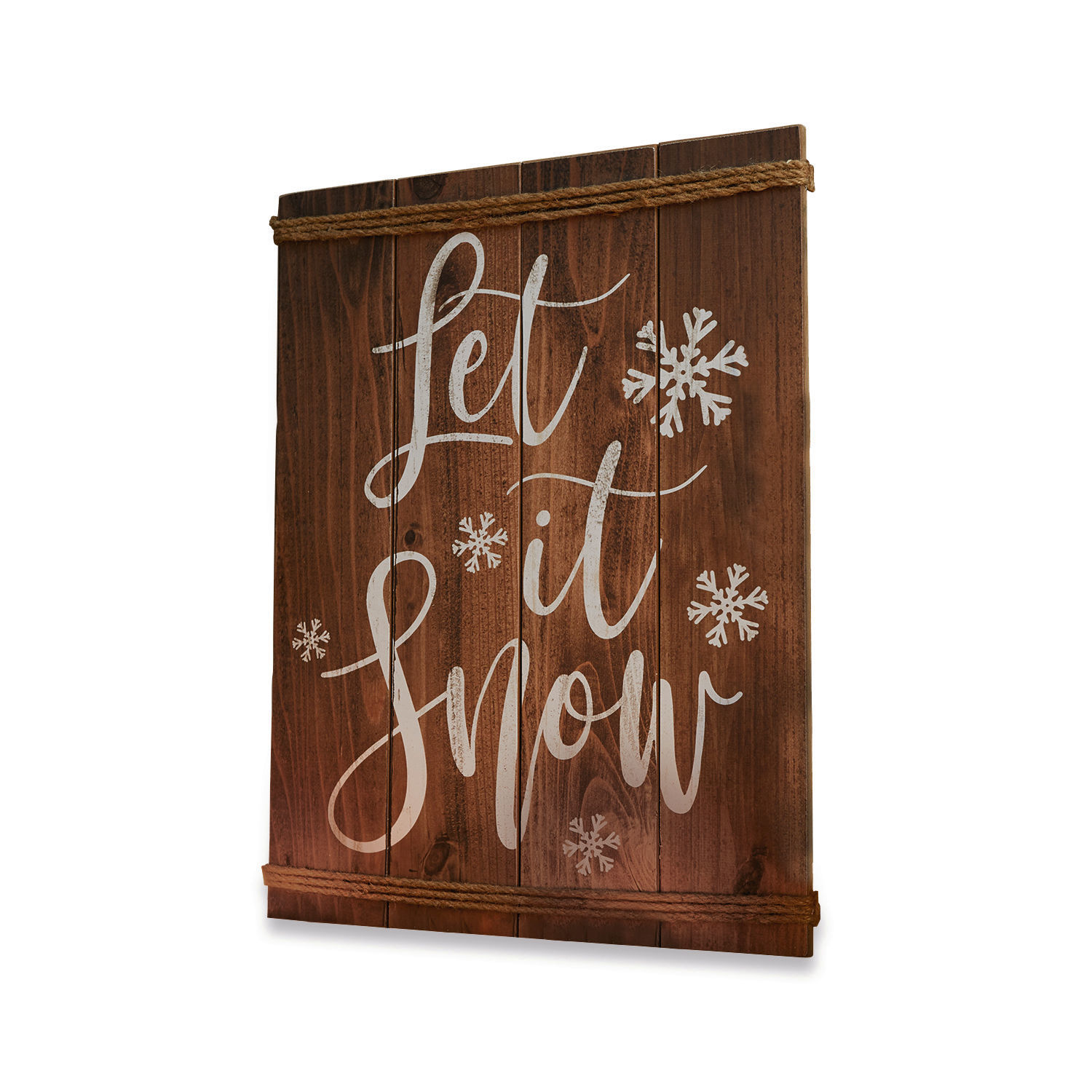 Decoboard Verrand Wanddecoratie van bruin hout met tekst Let it Snow en witte sneeuwvlokken, kerstdecoratie
