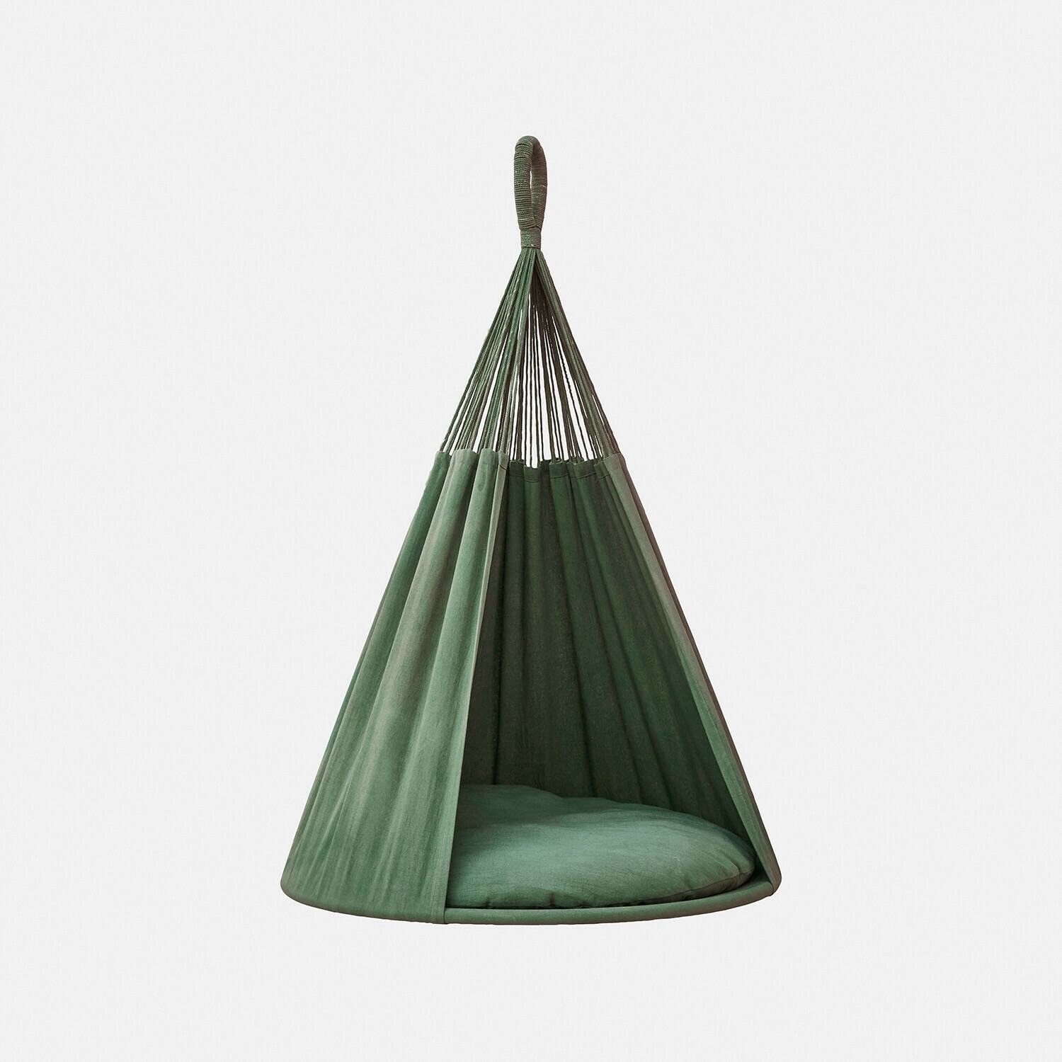 Groene hangstoel voor kinderen Pixiboo van stof met comfortabel zitkussen, perfect voor kinderkamer