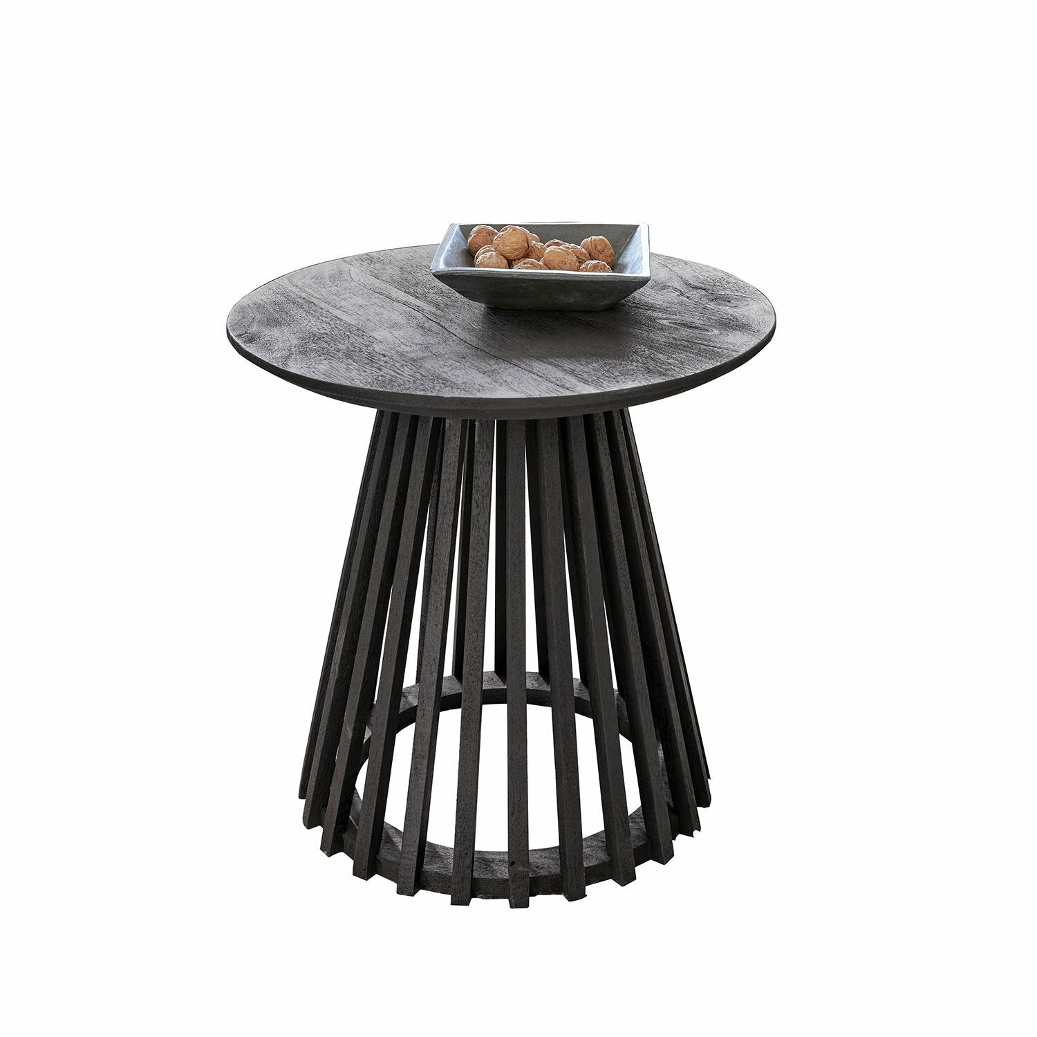 Bijzettafel Montaril Ronde bijzettafel van zwart hout met decoratieve basis en schaal met noten erop
