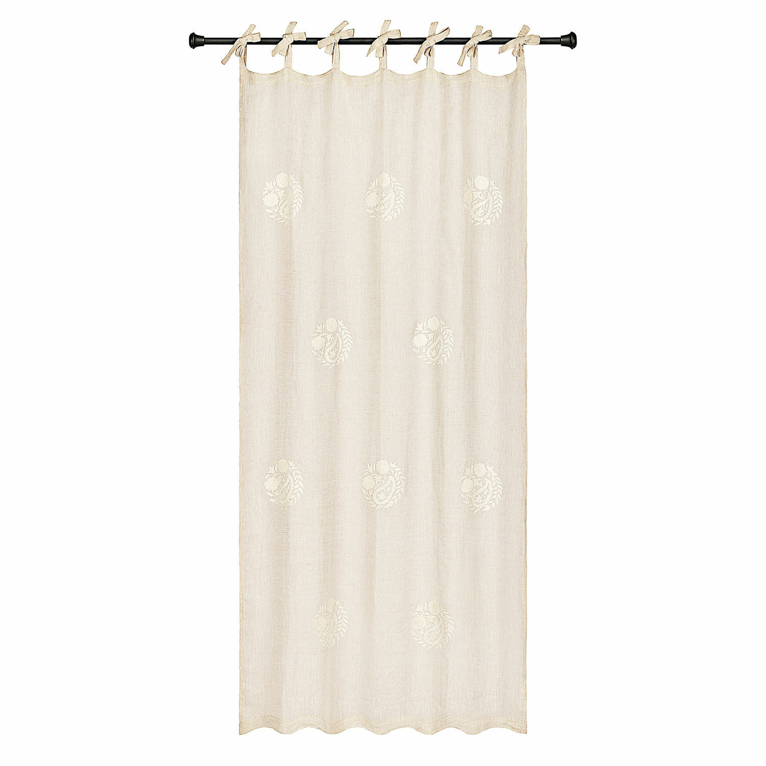 Gordijn Pivonar Beige linnen gordijn met fijne borduursels en striklinten om op te hangen, raamdecoratie