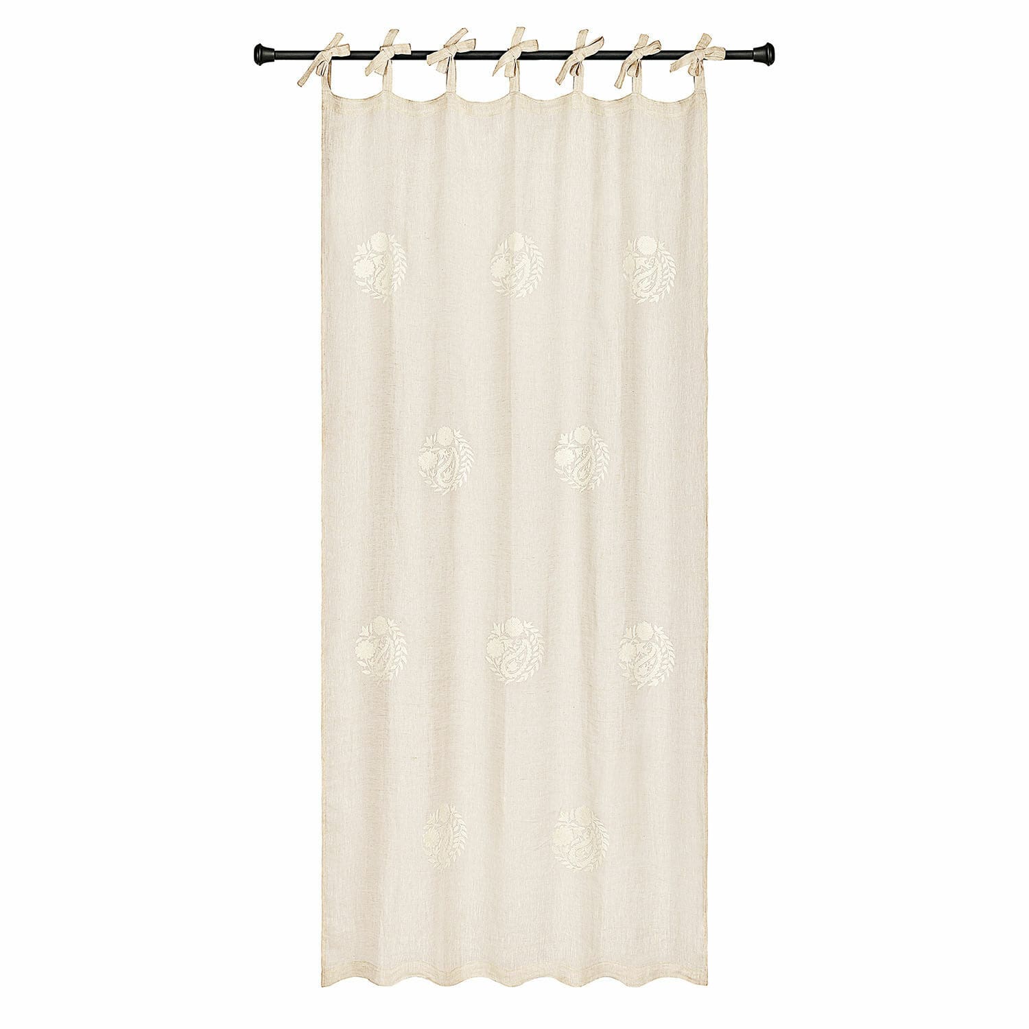 Gordijn Pivonar Beige linnen gordijn met fijne borduursels en striklinten om op te hangen, raamdecoratie