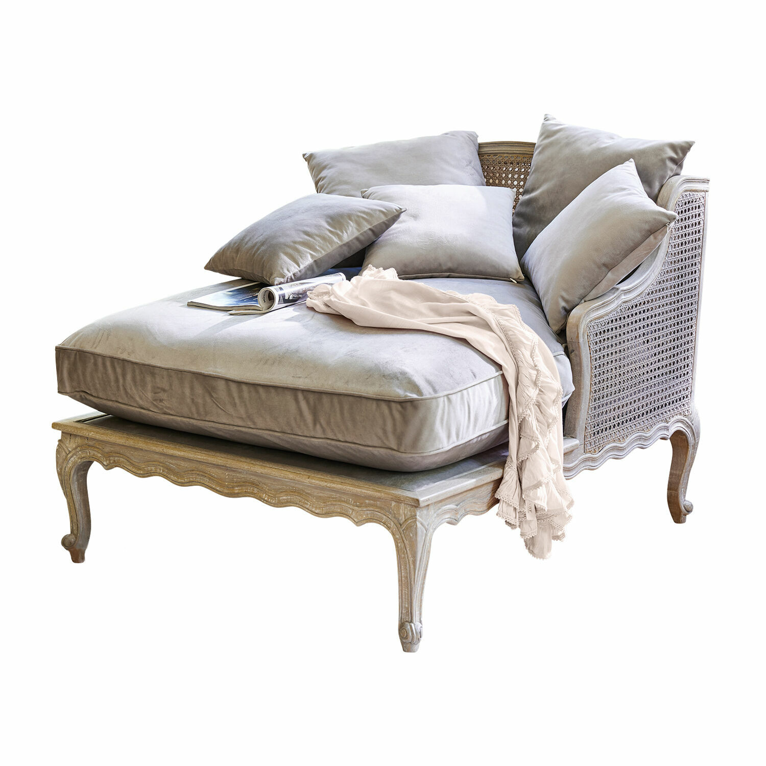 Méridienne Dronne Fauteuil élégant en velours gris clair avec cadre en bois tressé, meuble confortable pour salon