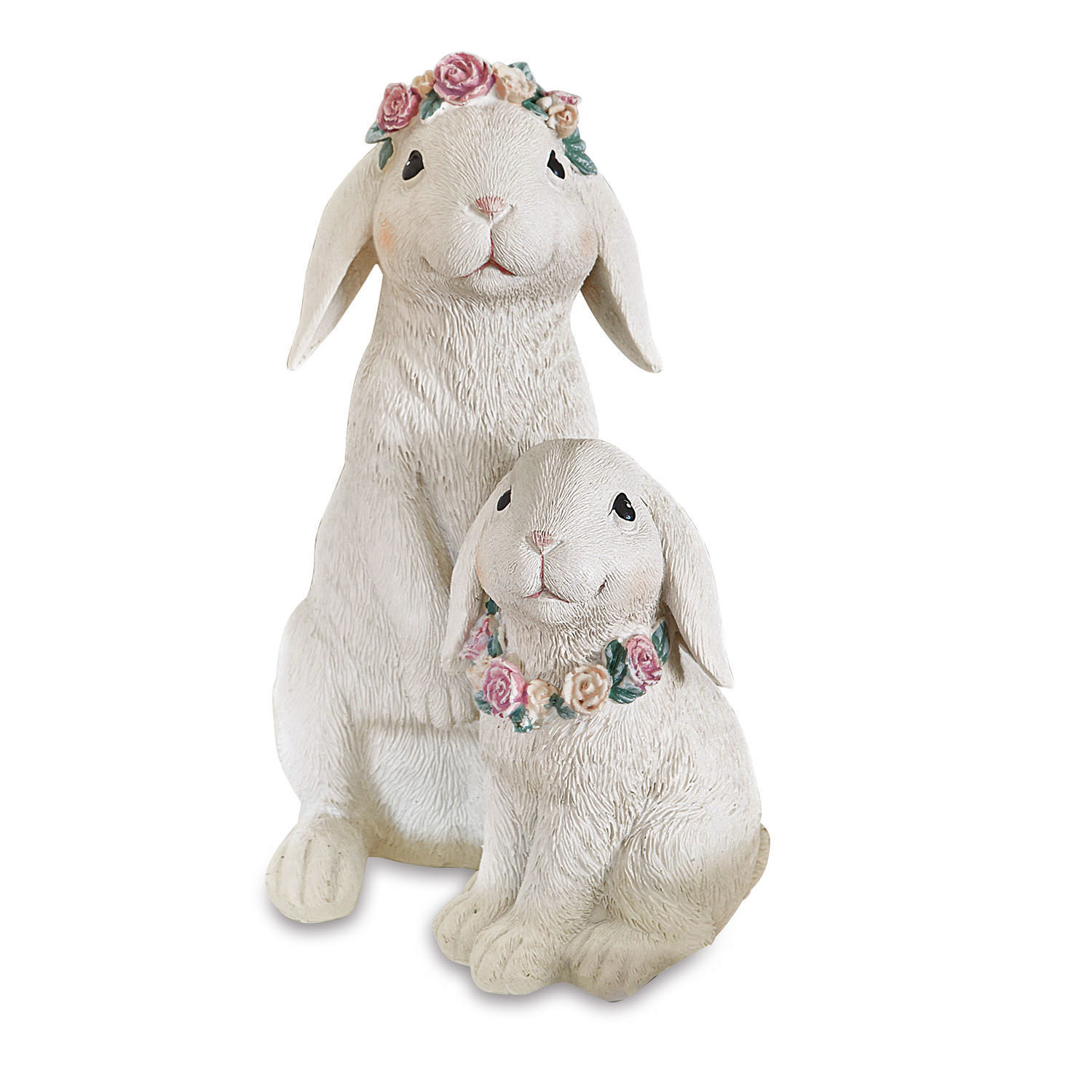 Haasjes Sappos Twee witte konijnenfiguren van hars met bloemenkransen, decoratie voor binnen en buiten