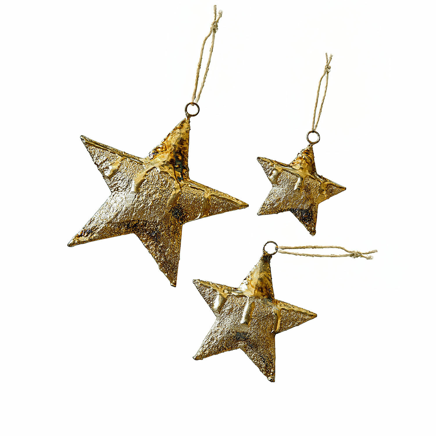 Set de 3 pendentifs Myrska Ensemble de trois étoiles en métal doré avec cordon pour décoration de Noël élégante