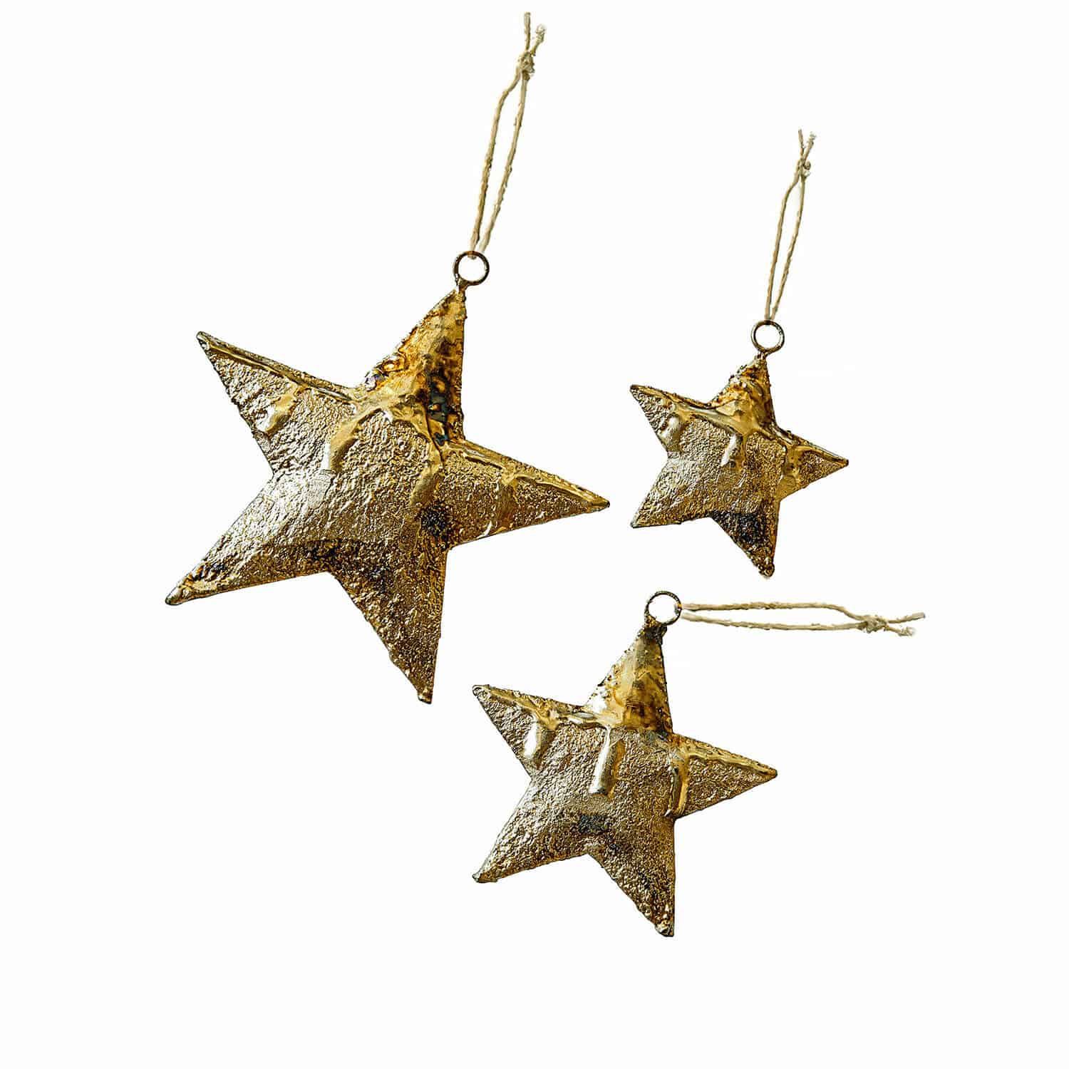 Set de 3 pendentifs Myrska Ensemble de trois étoiles en métal doré avec cordon pour décoration de Noël élégante