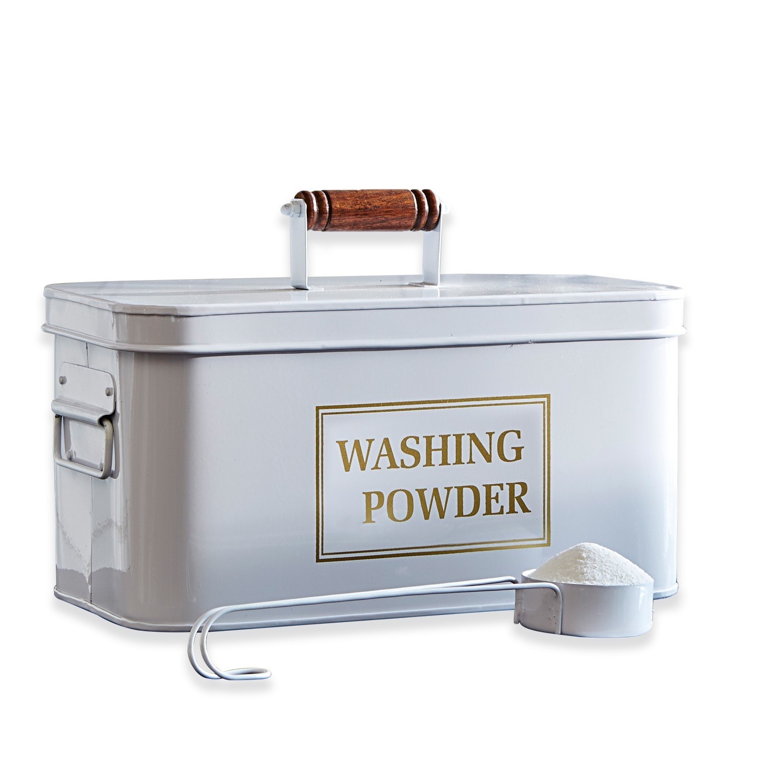 Boîte à lessive Washing Boîte métallique blanche pour poudre à laver avec poignée en bois et mesurette remplie de poudre