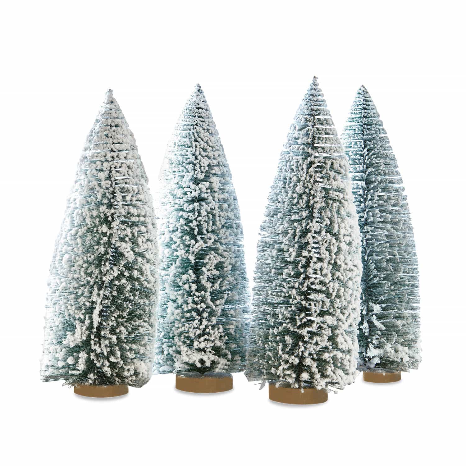 Sierboom set van 4 Landscape Set van vier kegelvormige decoratieve bomen van groen kunststof met witte sneeuw op houten voet