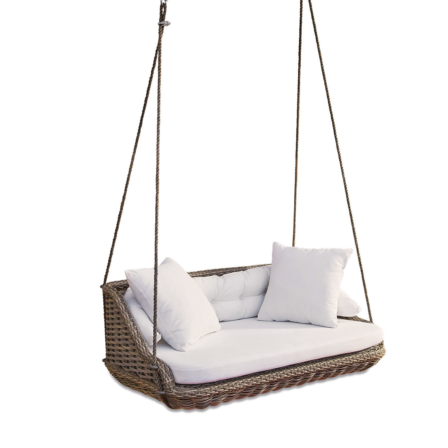 Banc suspendu Pontrieux Balançoire en rotin avec coussins blancs et assise moelleuse, parfaite pour jardin et terrasse