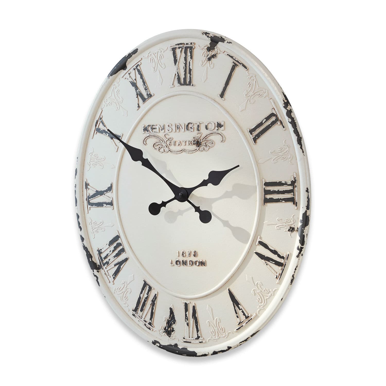 Horloge Soulières Horloge murale ronde en métal blanc style vintage avec chiffres romains noirs et effet vieilli décoratif