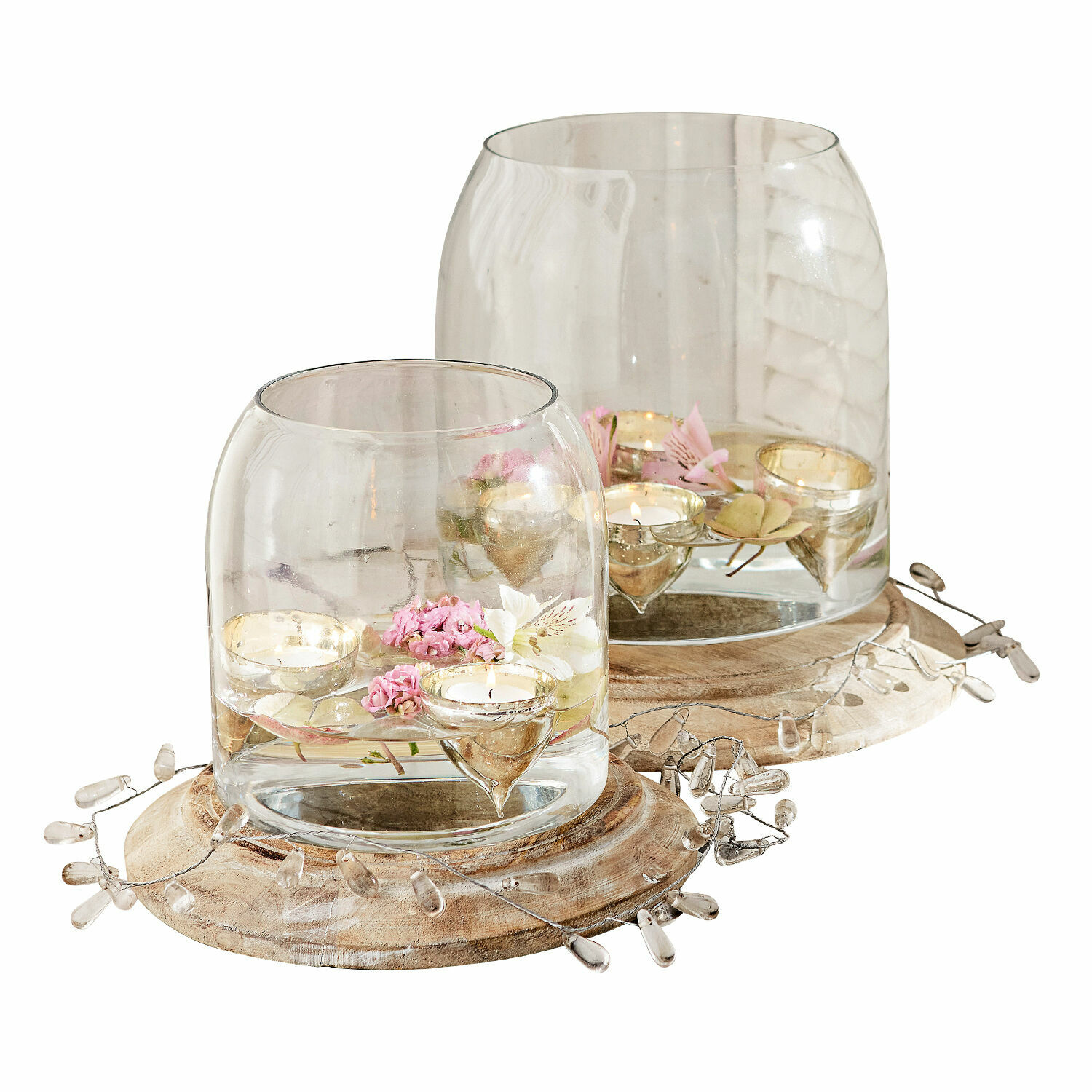 Lot de 2 photophores Bran Lanterne en verre sur socle en bois avec fleurs roses et bougies chauffe-plat pour décoration intérieure