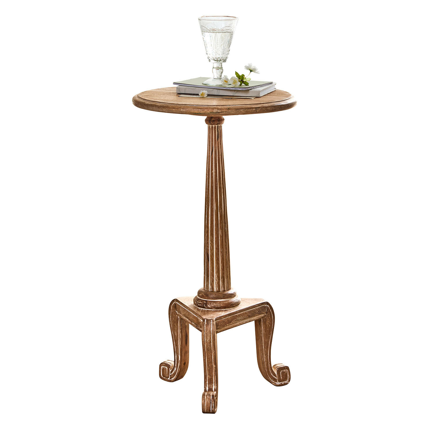 Bijzettafeltje Taviano Ronde houten bijzettafel met sierlijke poot in natuurlijke houtkleur, decoratief meubelstuk