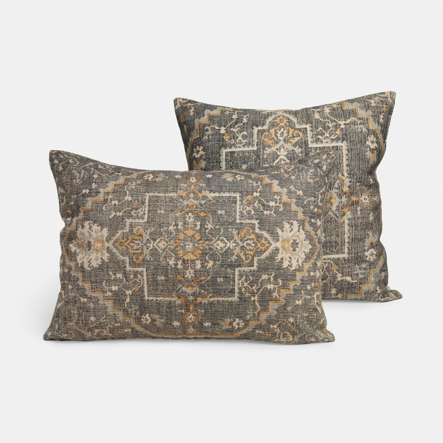 Ensemble de deux coussins décoratifs avec motif oriental en nuances de gris et beige pour salon