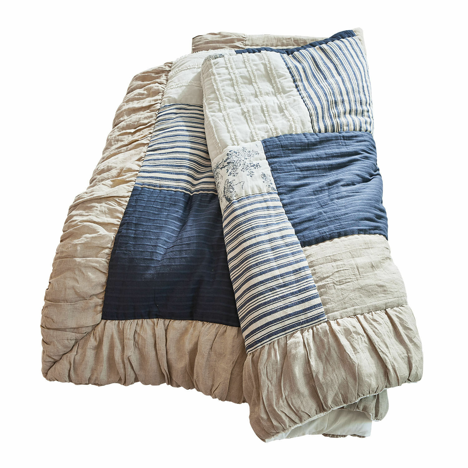 Quilt Felencio Gewatteerde patchwork deken van katoen en linnen in beige en blauw, decoratief bedtextiel