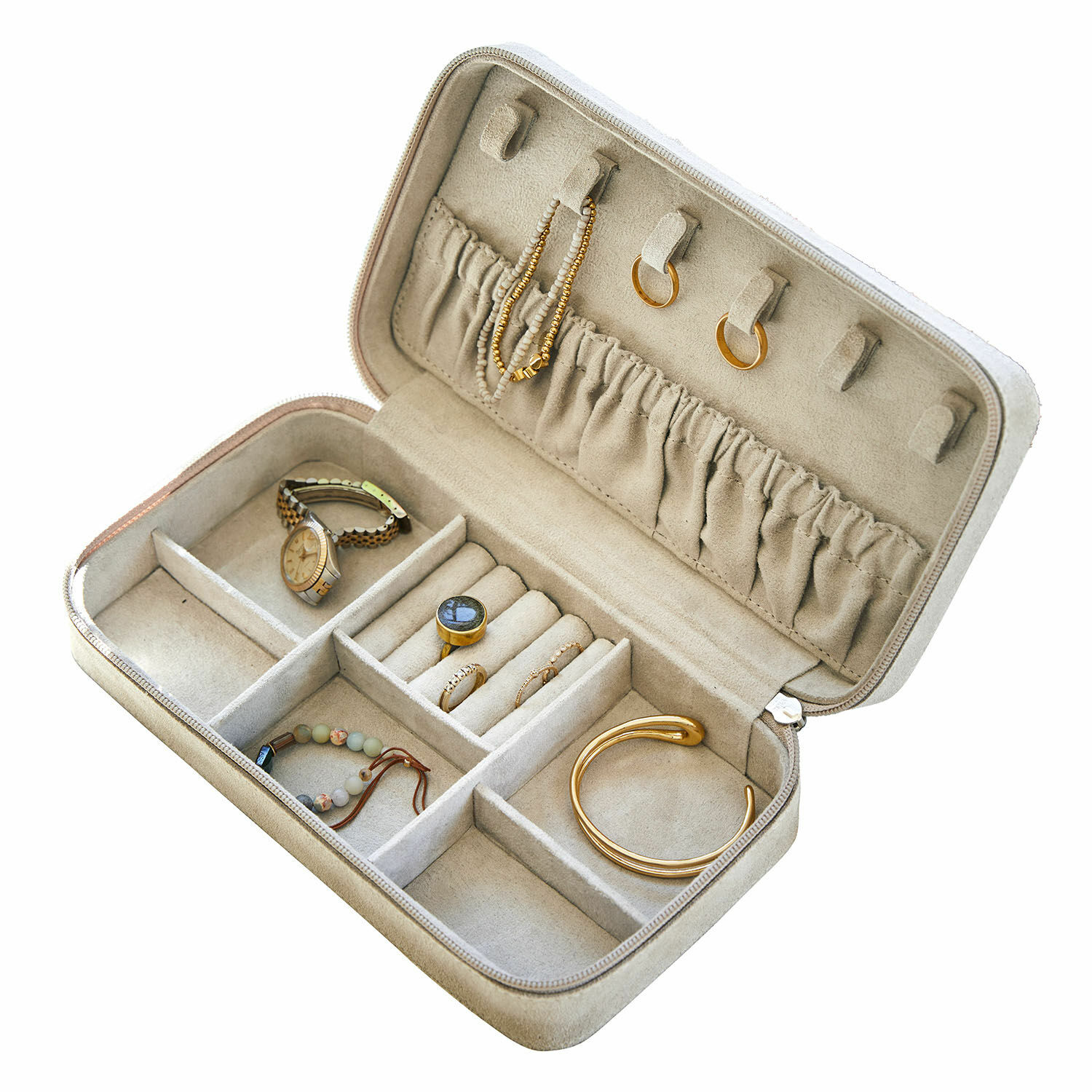 Sieradenkistje Angelique Beige suède sieradendoos met vakken en gouden accessoires voor het opbergen van ringen en armbanden