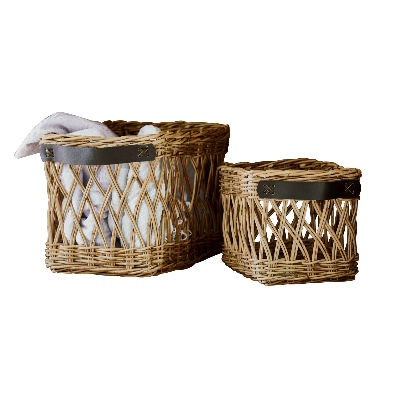 Lot de 2 corbeilles Lorviano Ensemble de deux paniers en osier avec poignées en cuir marron, couleur naturelle, pour rangement