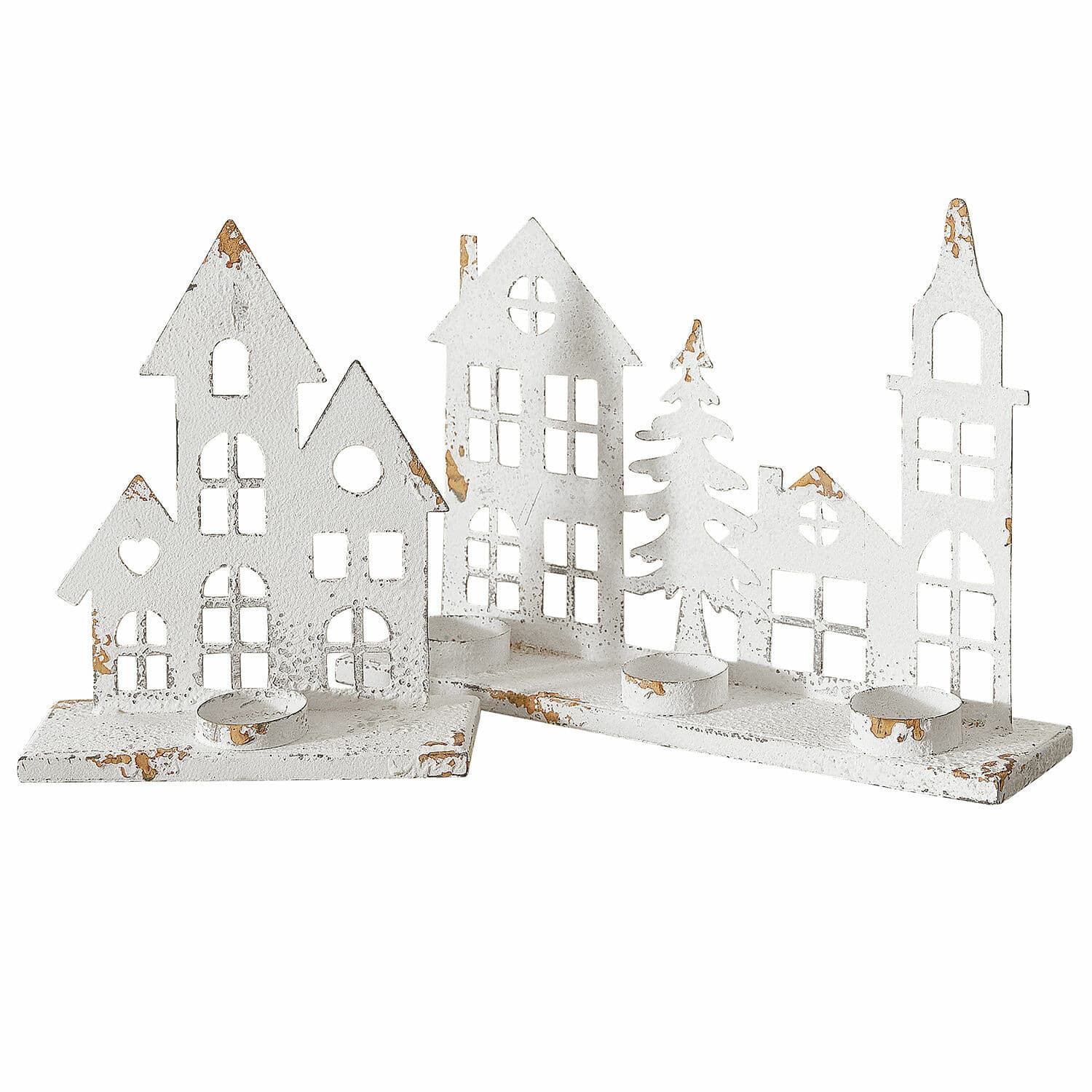 Lot de 2 bougeoirs Vexano Décoration bougeoir en métal blanc vieilli en forme de maisons pour ambiance intérieure festive