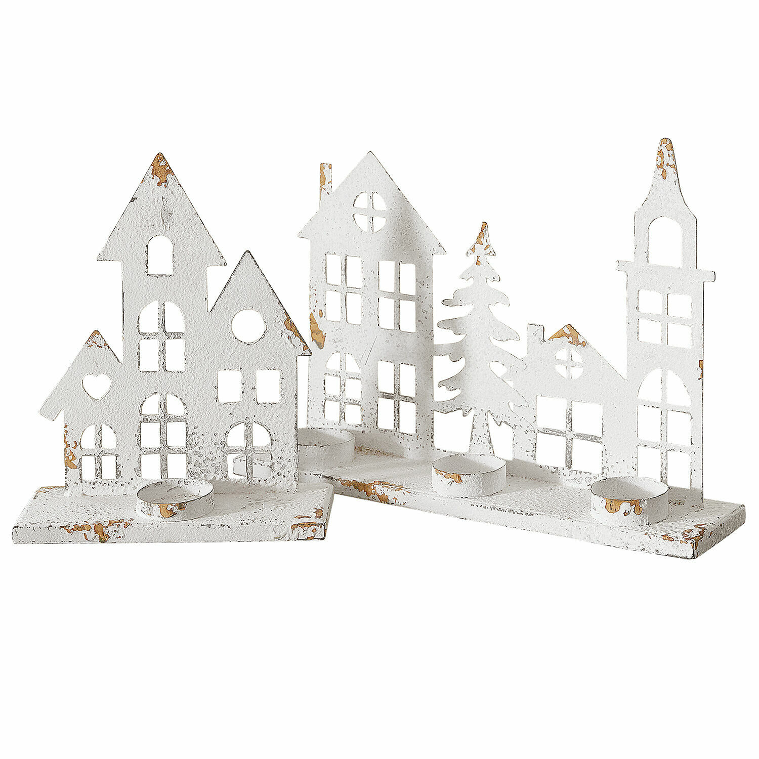 Lot de 2 bougeoirs Vexano Décoration bougeoir en métal blanc vieilli en forme de maisons pour ambiance intérieure festive