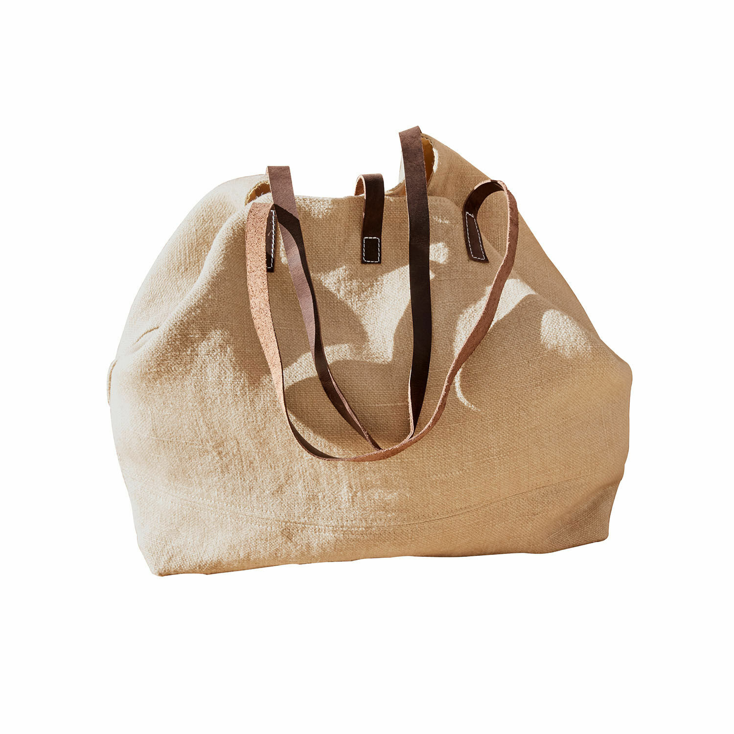 Cabas Morentina Grand sac en toile beige avec poignées en cuir marron, sac pratique pour courses ou voyage