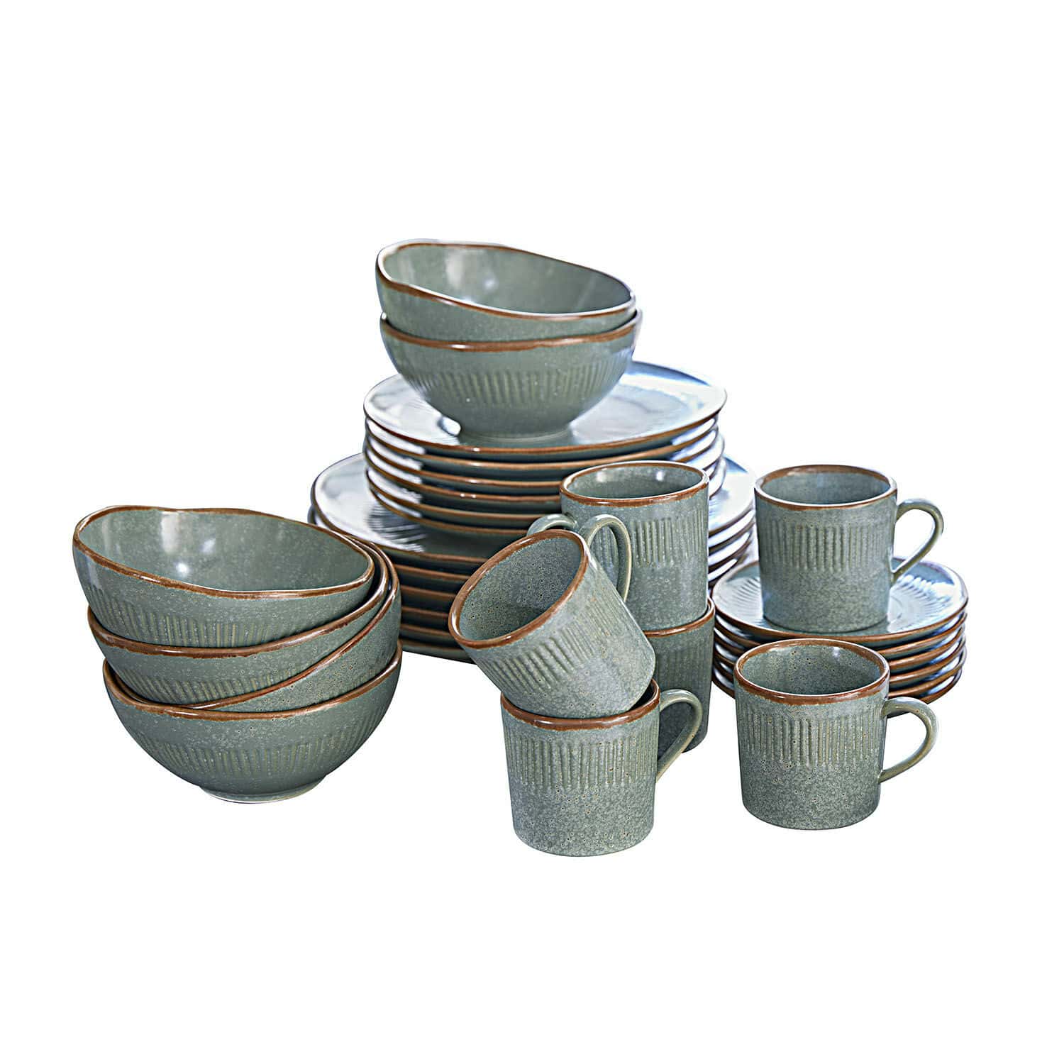 Servies set van 30 Périers Groen keramisch servies met bruine rand, bestaande uit borden, kommen en mokken