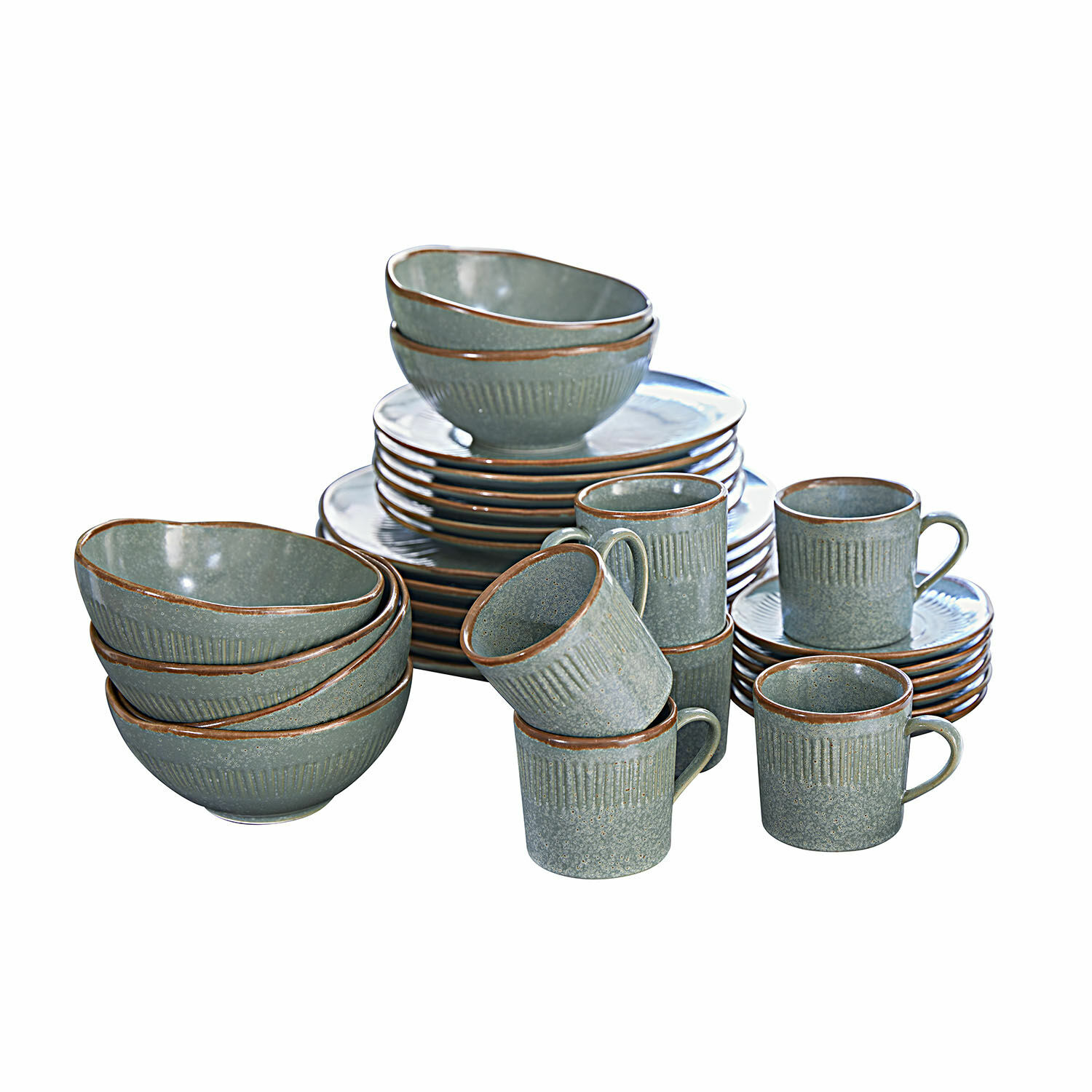 Servies set van 30 Périers Groen keramisch servies met bruine rand, bestaande uit borden, kommen en mokken
