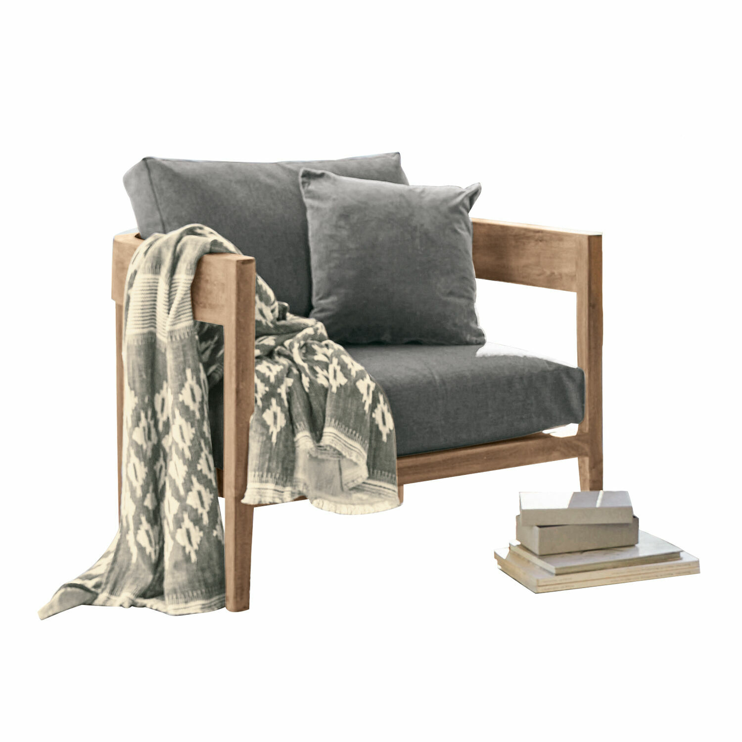 Fauteuil Courtelevant Fauteuil en bois avec coussins gris et plaid à motifs, assise en tissu confortable