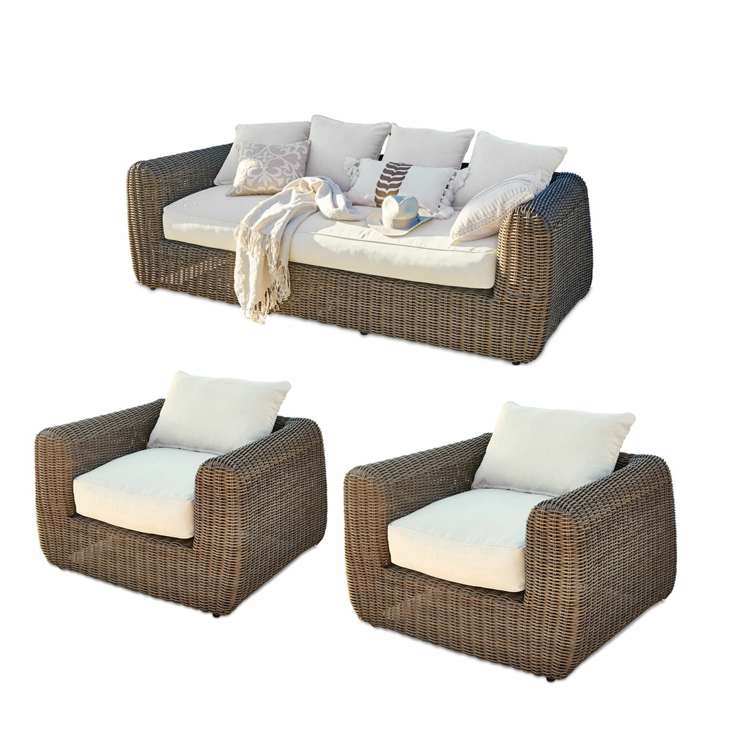 Tuinset Bogdanne Tuinmeubelset van bruin rattan met crèmekleurige kussens, bank en twee fauteuils