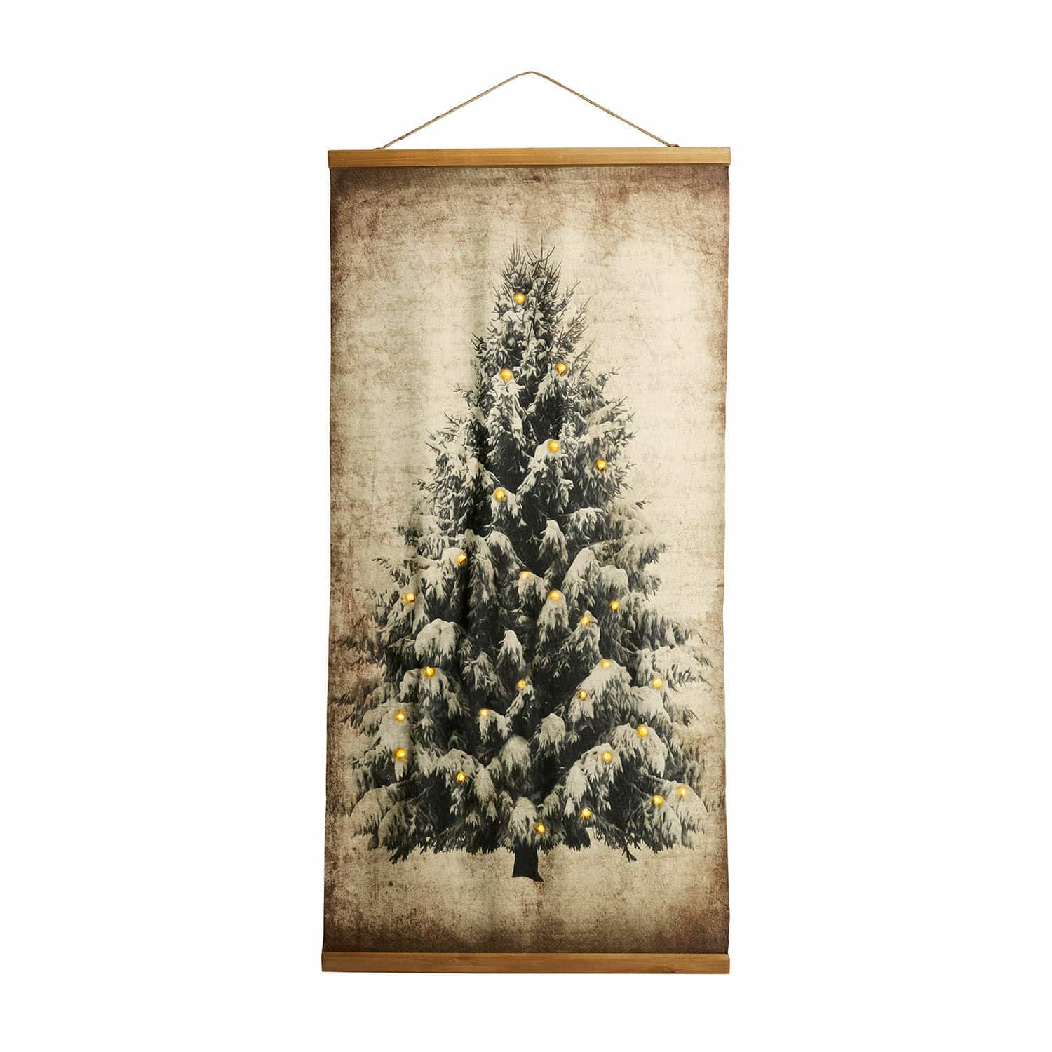 Afbeelding met ledlampjes Gussers Decoratief wanddoek met kerstboom en gele lichtjes op beige stoffen achtergrond