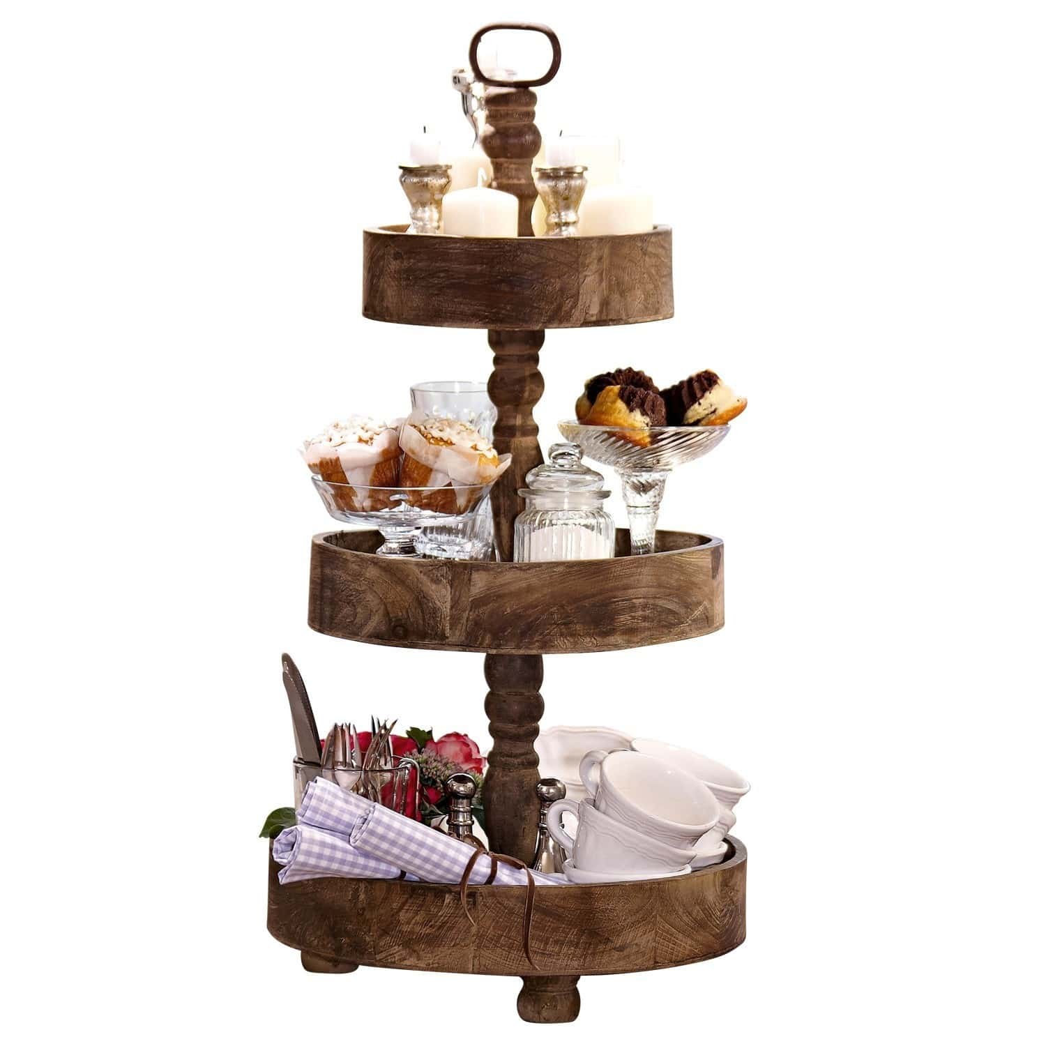 Présentoir à étages Beauvais Présentoir à trois niveaux en bois de manguier brun avec tasses, muffins et bougies décoratives