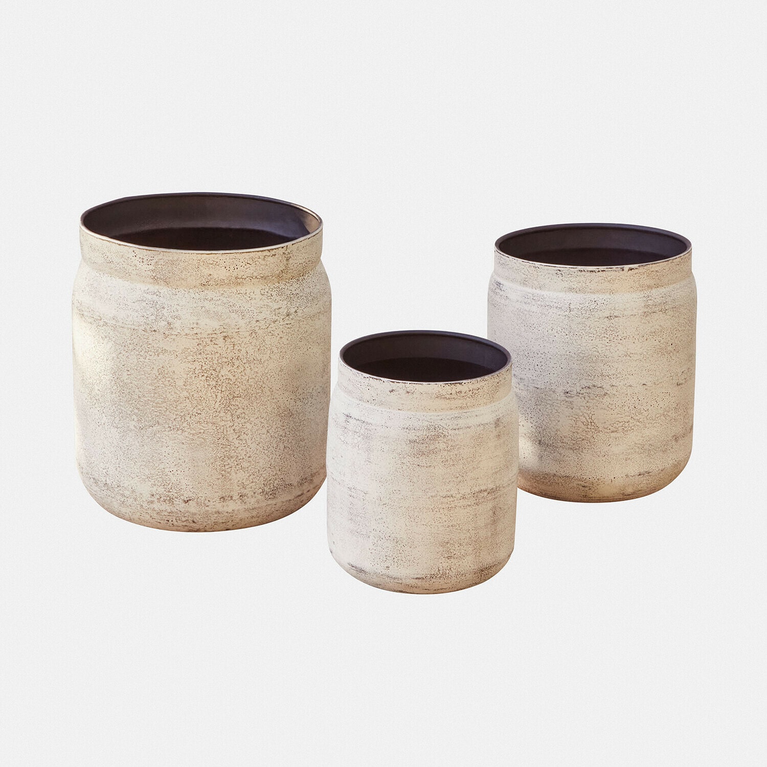 Ensemble de trois pots en céramique crème avec intérieur foncé, parfait pour décoration intérieure et jardin
