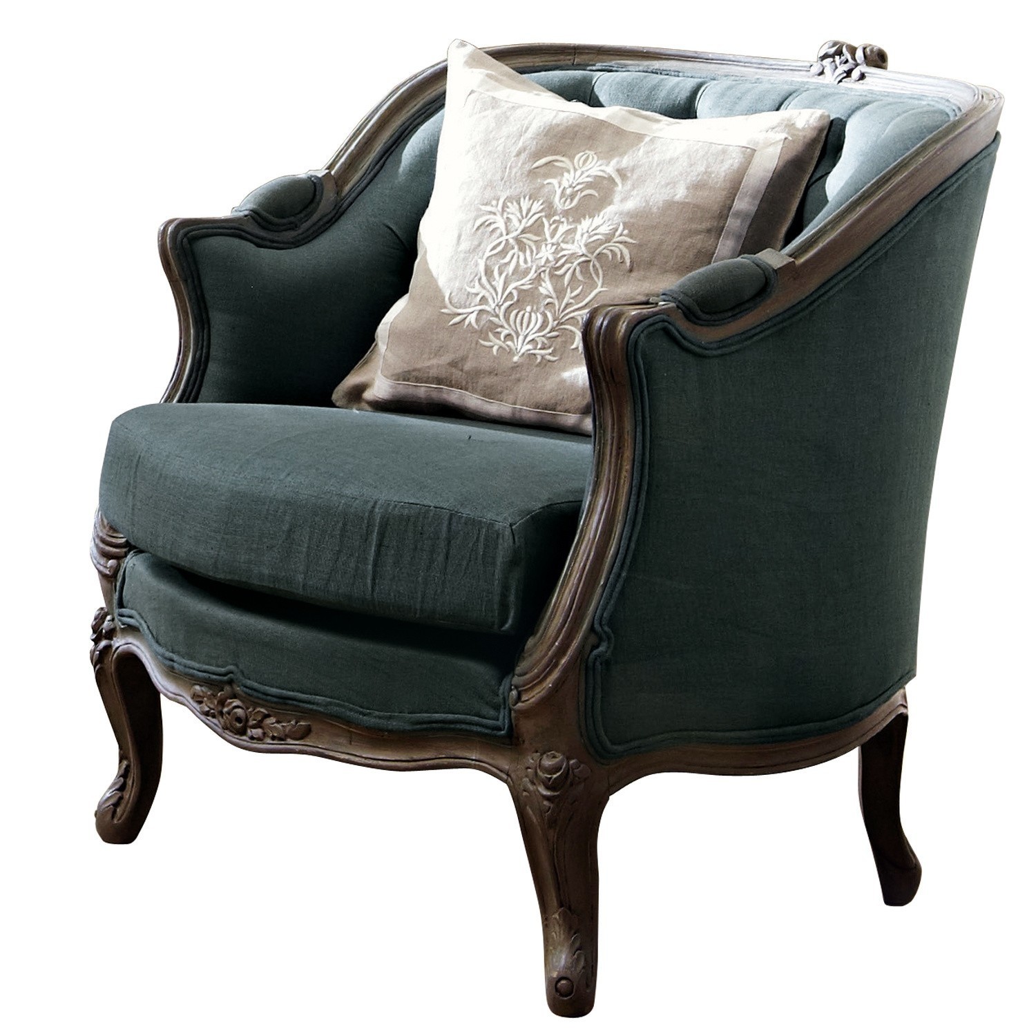 petrol Annezay fauteuil in petrolkleur met houten frame en decoratief beige kussen, vintage stijl