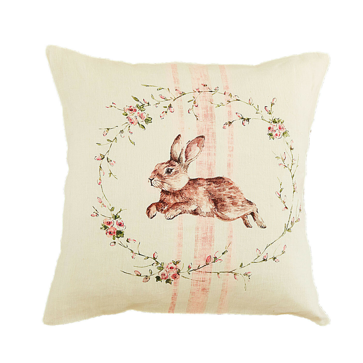 Kussenhoes Ravencrest Beige linnen kussen met konijnprint en bloemenkrans, decoratie voor woonkamer of slaapkamer