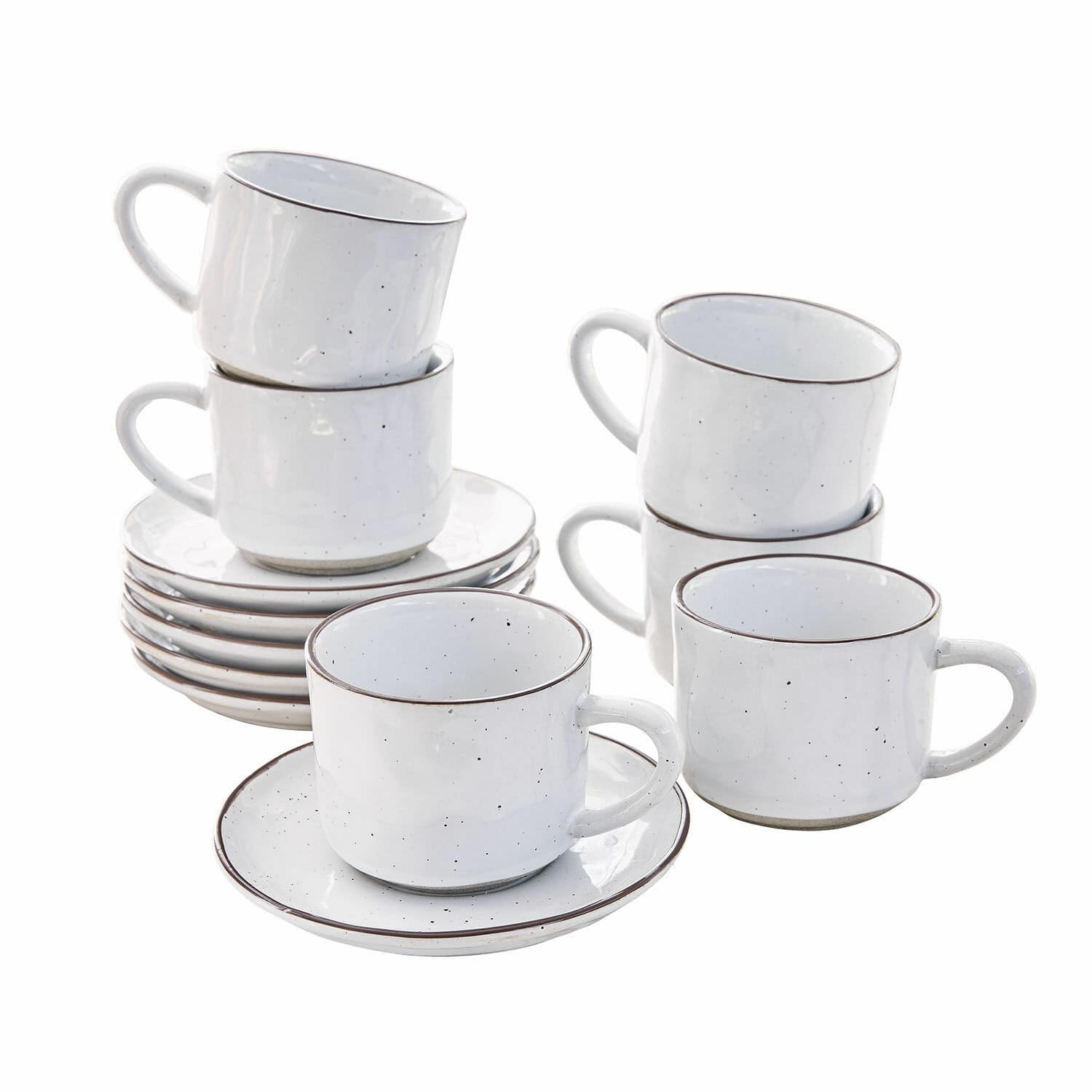 Set van 6 witte keramische espressokopjes met schotels, minimalistisch ontwerp voor koffie