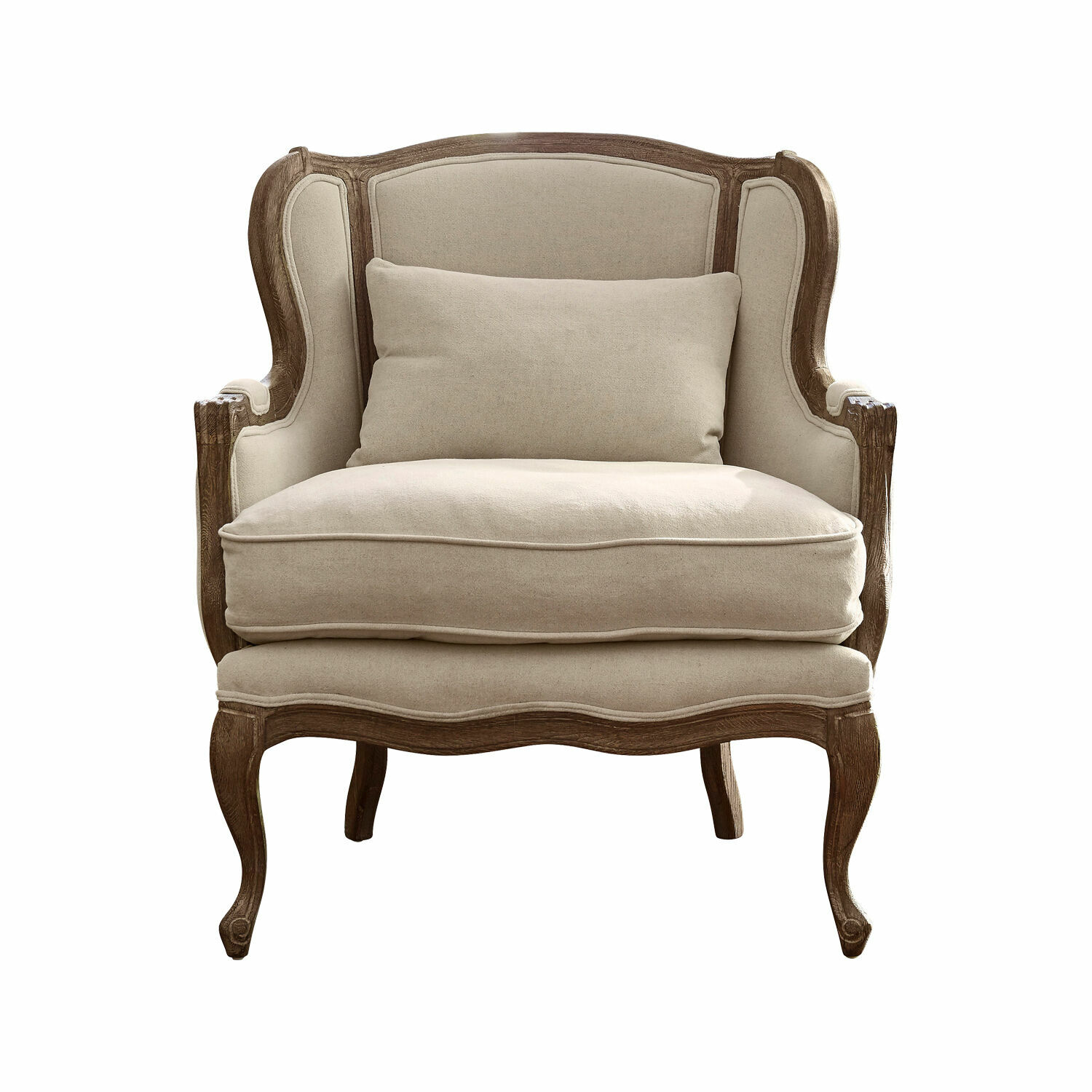 Fauteuil Kingswinford en lin beige avec cadre en bois sculpté, siège confortable pour salon classique