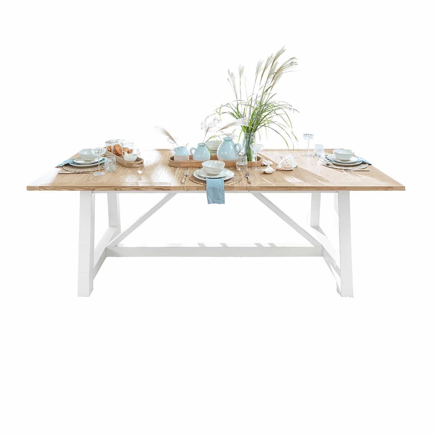 Table Dubberly Table à manger en bois clair avec base blanche, décorée de céramiques et herbes décoratives