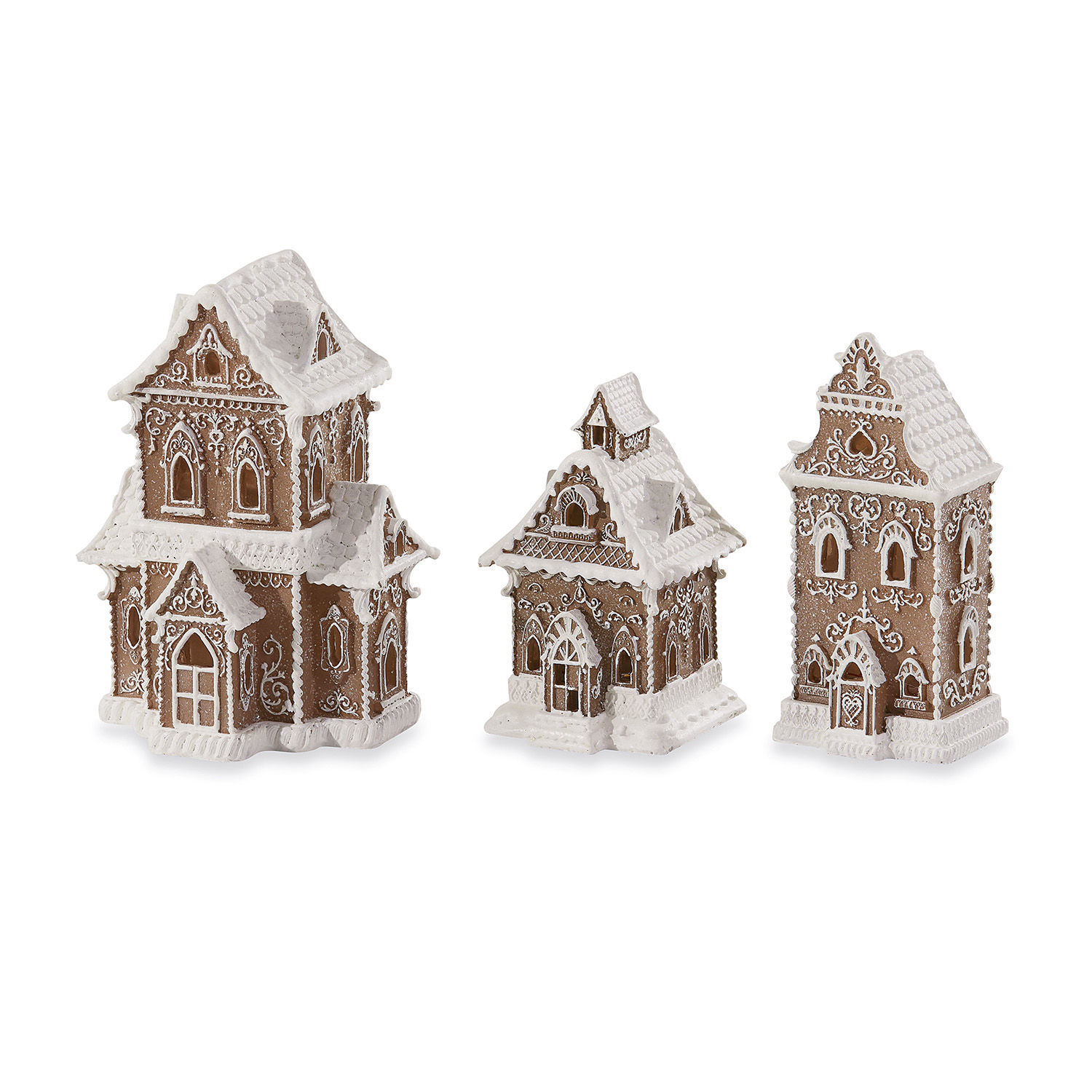 Decoratiehuisje set van 3 Anyama Drie bruine keramische huisjes met witte versieringen in peperkoekstijl als kerstdecoratie