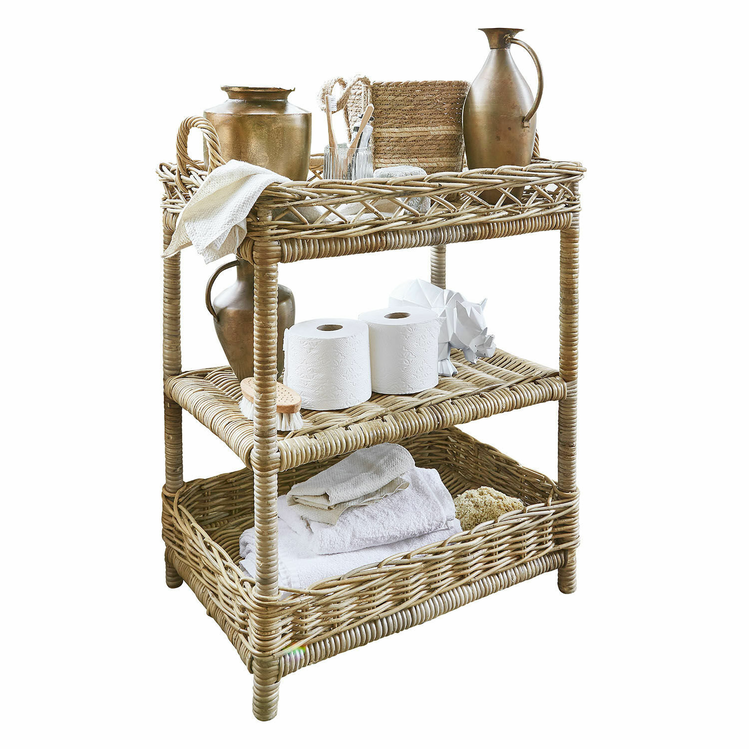 Étagère Ristal Étagère à trois niveaux en rotin naturel avec décorations et serviettes pour salle de bain