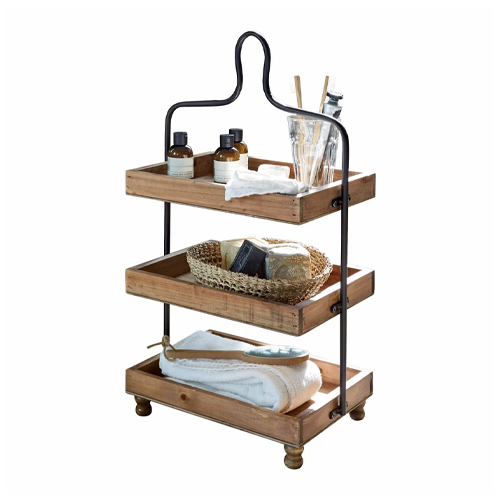 Étagère à trois niveaux en bois et métal pour ranger cosmétiques et serviettes de bain