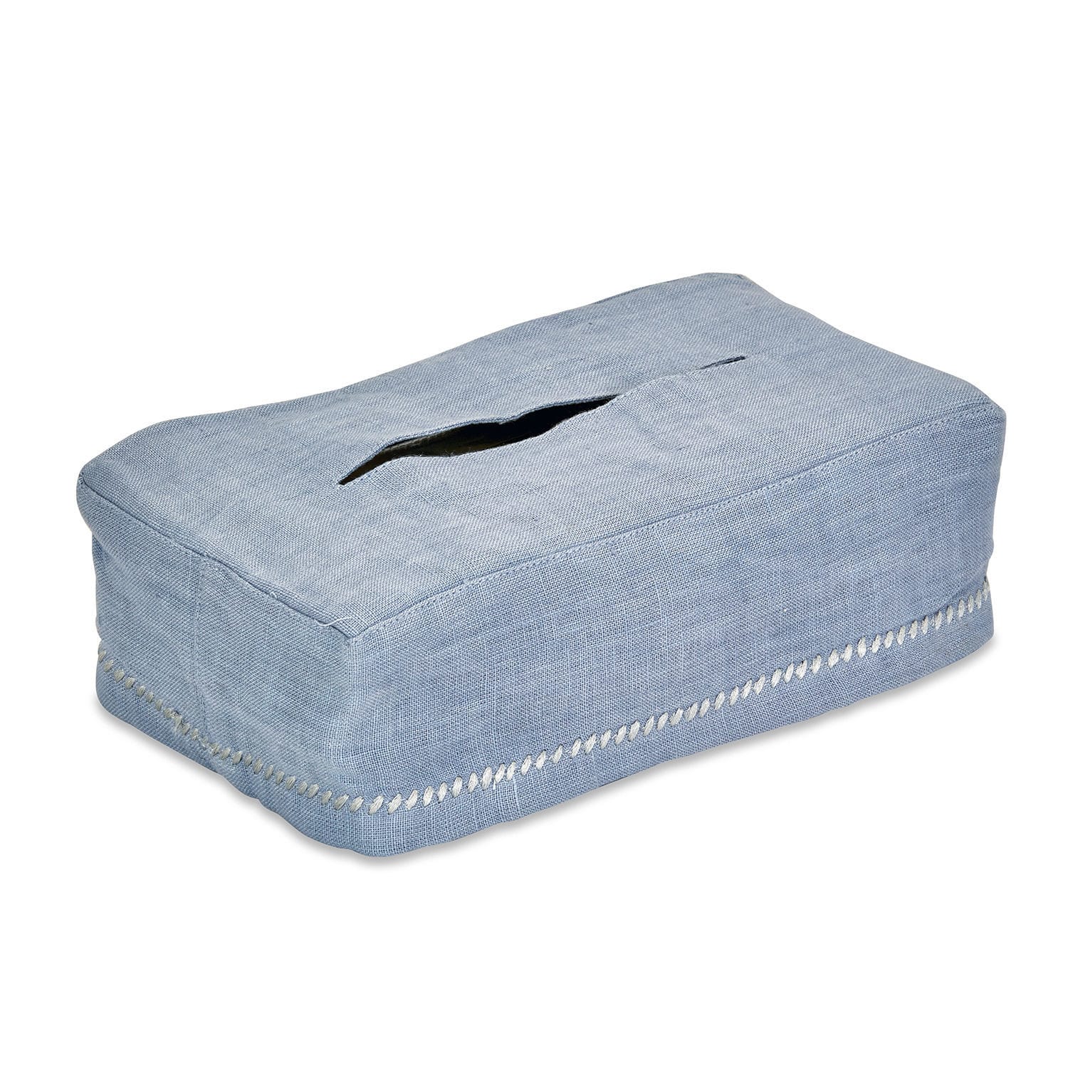 Blauwe linnen hoes voor zakdoos met witte siernaad, decoratief woonaccessoire