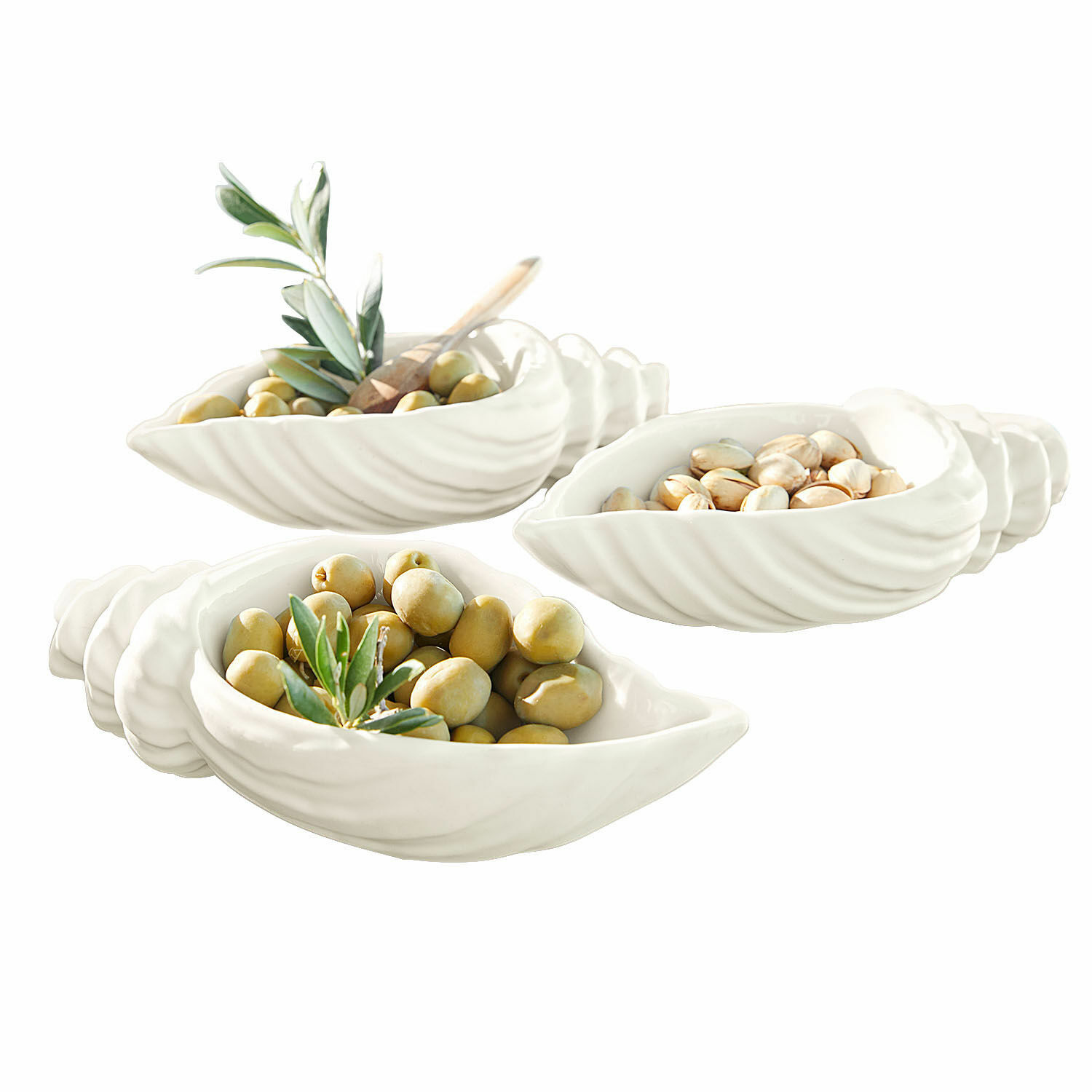 Schaal set van 3 Portavin Witte keramische schaaltjes in schelpvorm met olijven en noten, tafeldecoratie