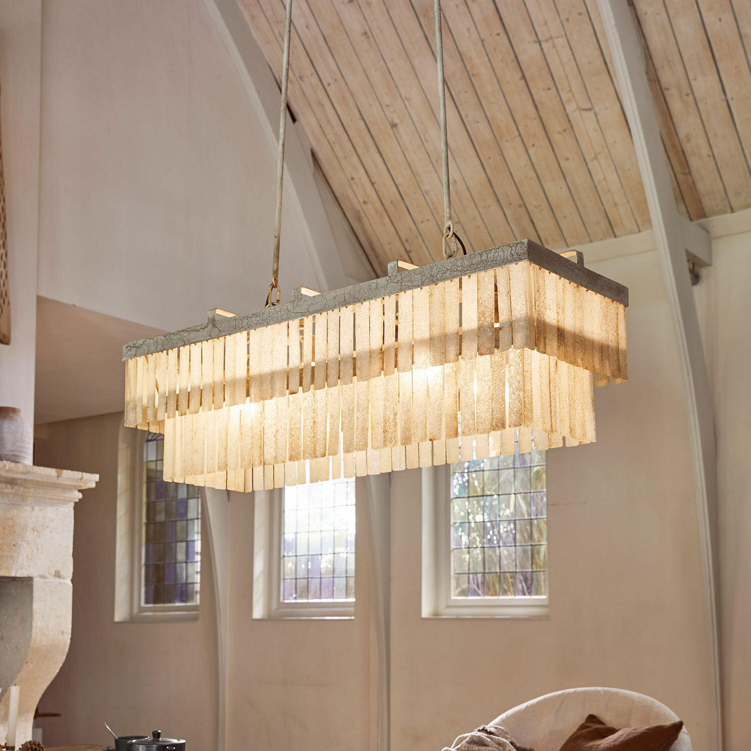 Lustre Krauville Suspension en pierre beige avec panneaux rectangulaires, luminaire décoratif pour salon moderne