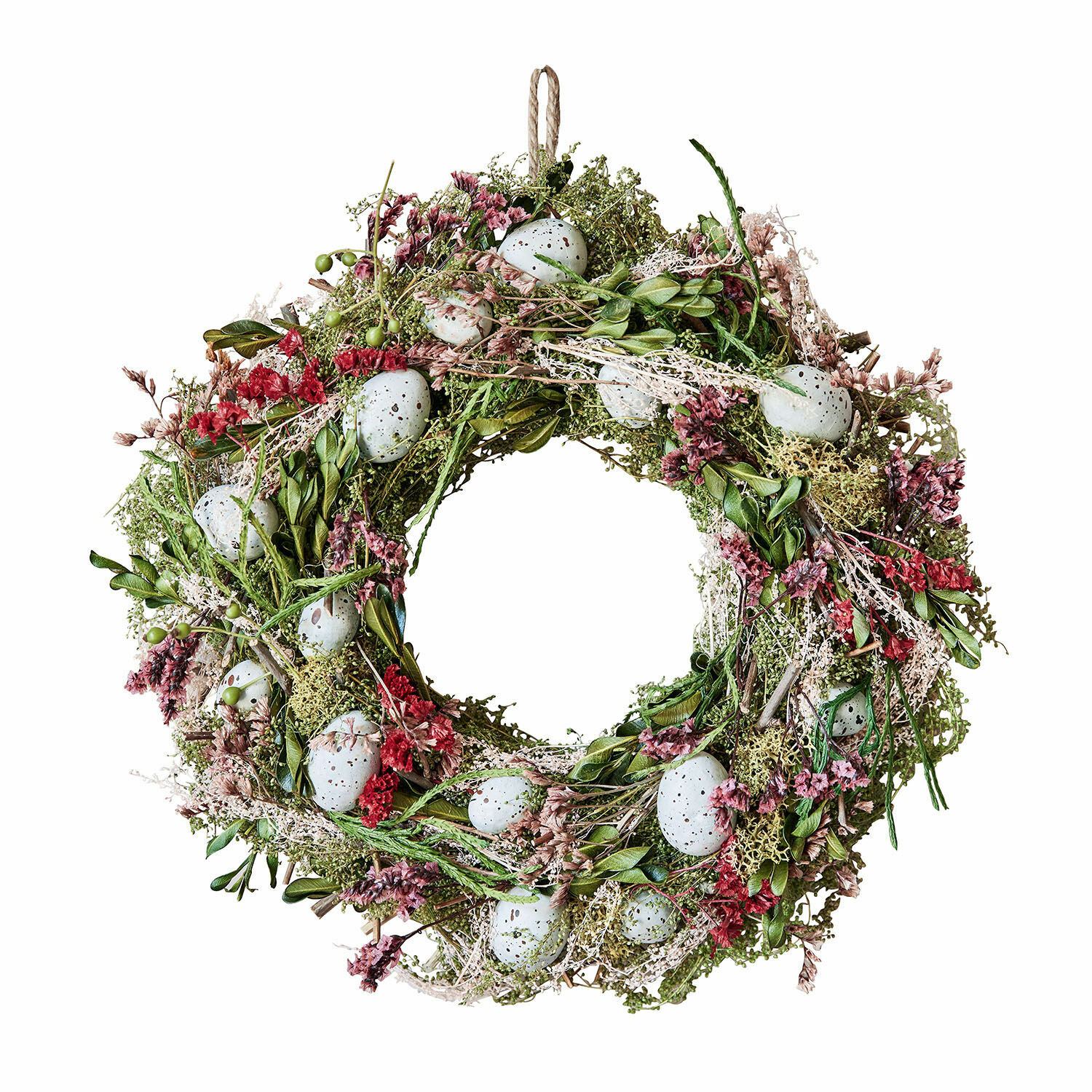 Krans Kolton Decoratieve krans van groene bladeren, rode bloemen en witte eieren voor lentebehang