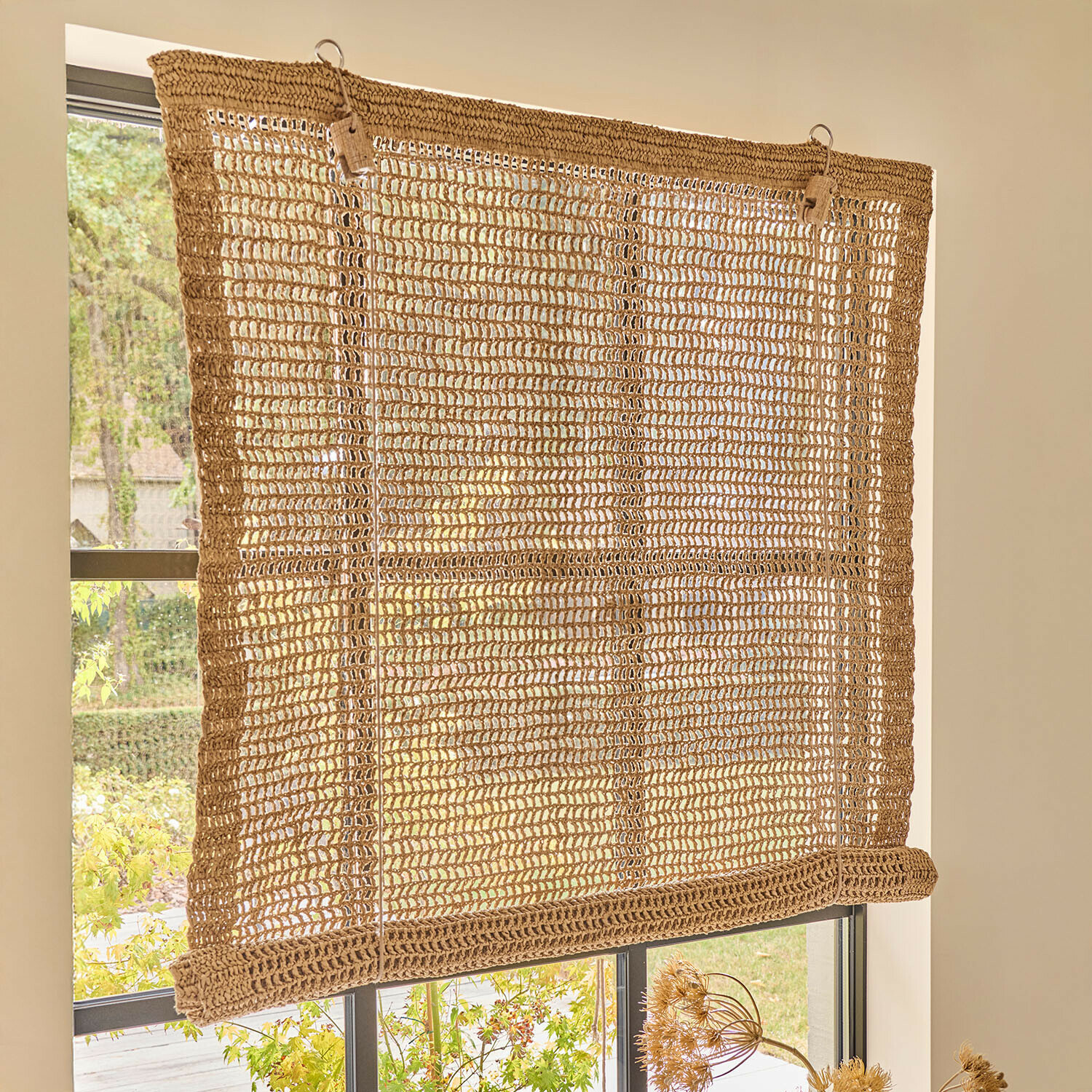 Vouwgordijn Ivellas Handgemaakte rolgordijn van natuurlijke beige touw, perfect voor raamdecoratie en zonwering