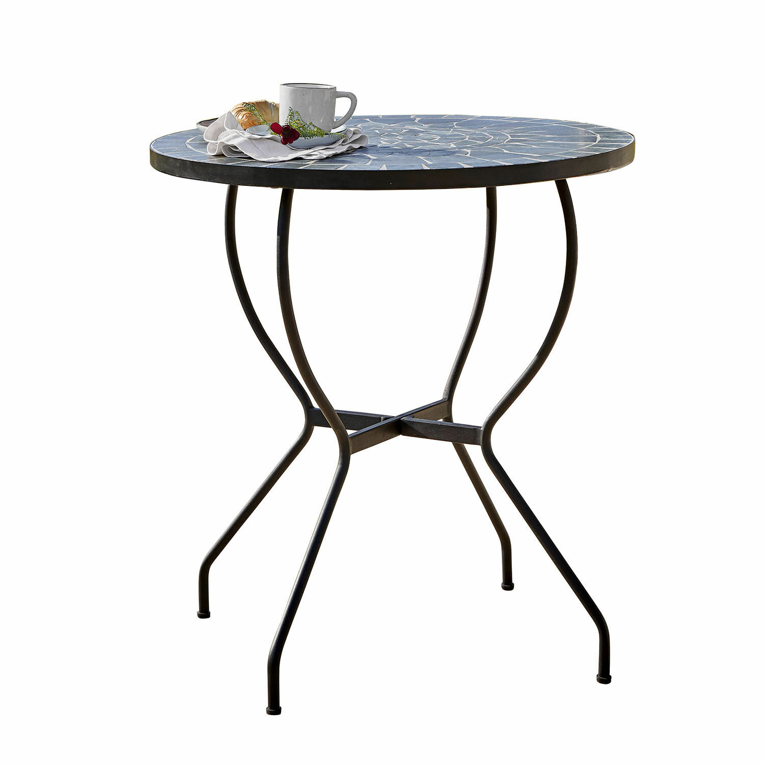 Table Ballaigues Table ronde avec plateau en mosaïque bleue et pieds en métal noir pour terrasse ou jardin