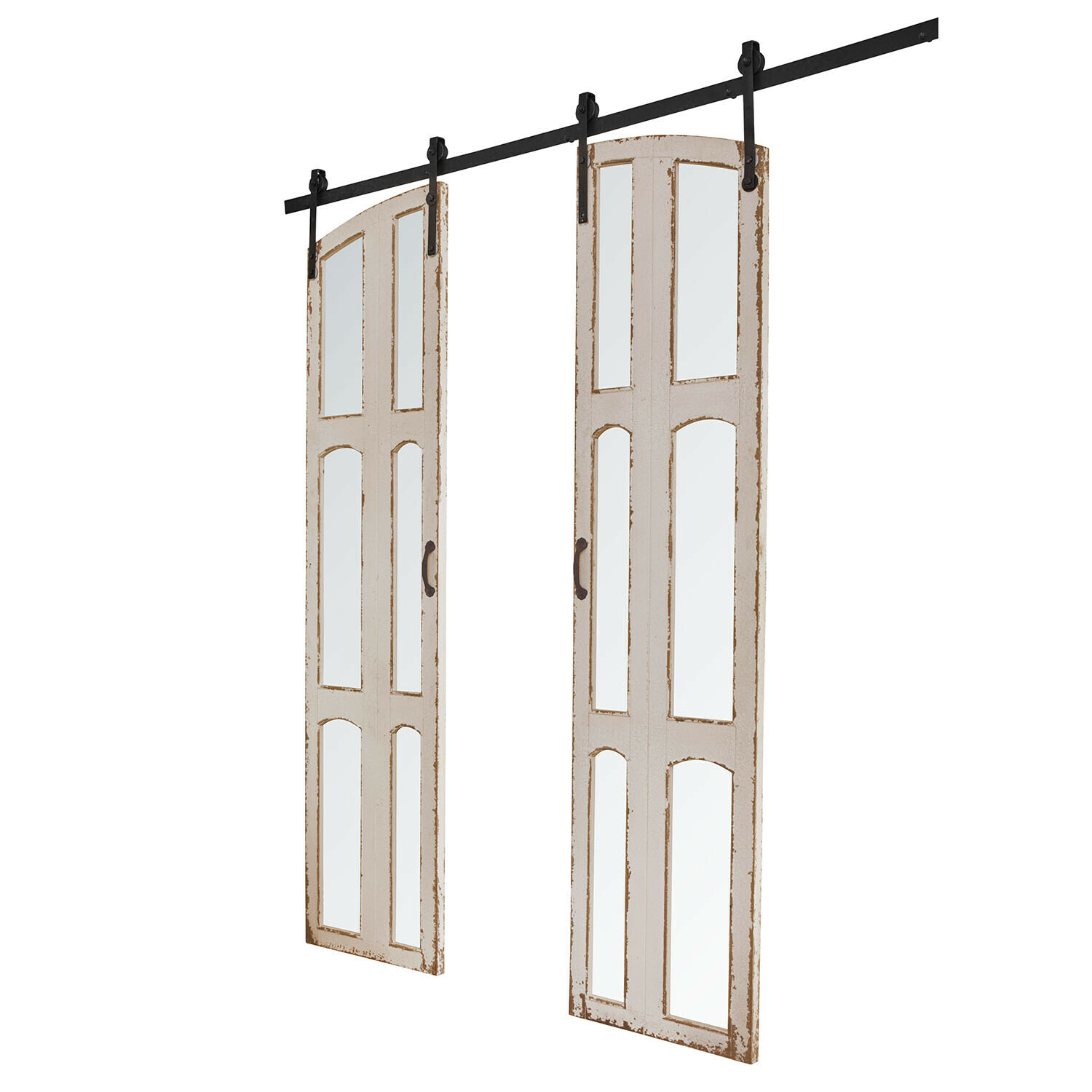 Double porte coulissante Chantivaux Porte coulissante double en bois blanc vieilli avec panneaux miroir et rail métallique noir pour intérieur rustique