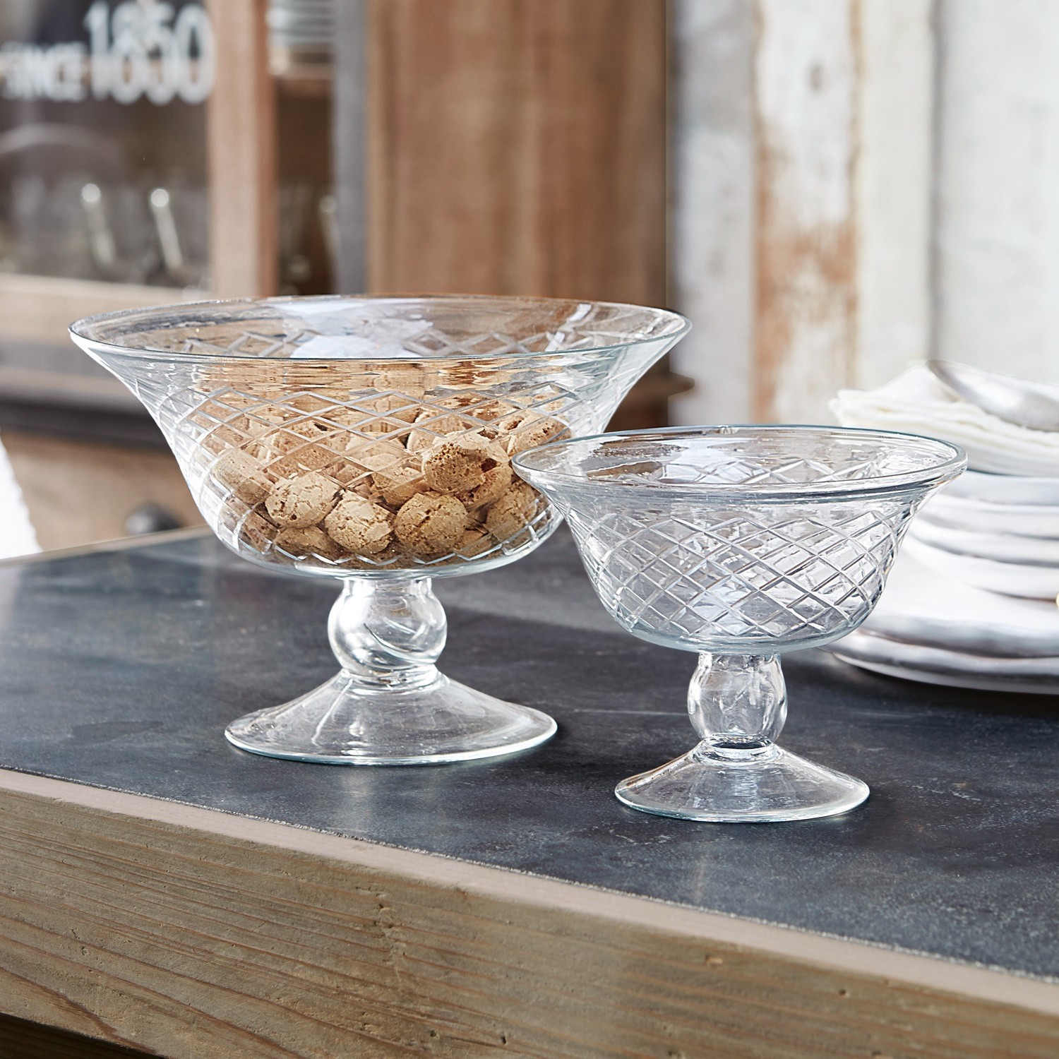 Lot de 2 coupes Kadence Coupes en verre transparent avec motif décoratif, parfaites pour rangement et décoration élégante