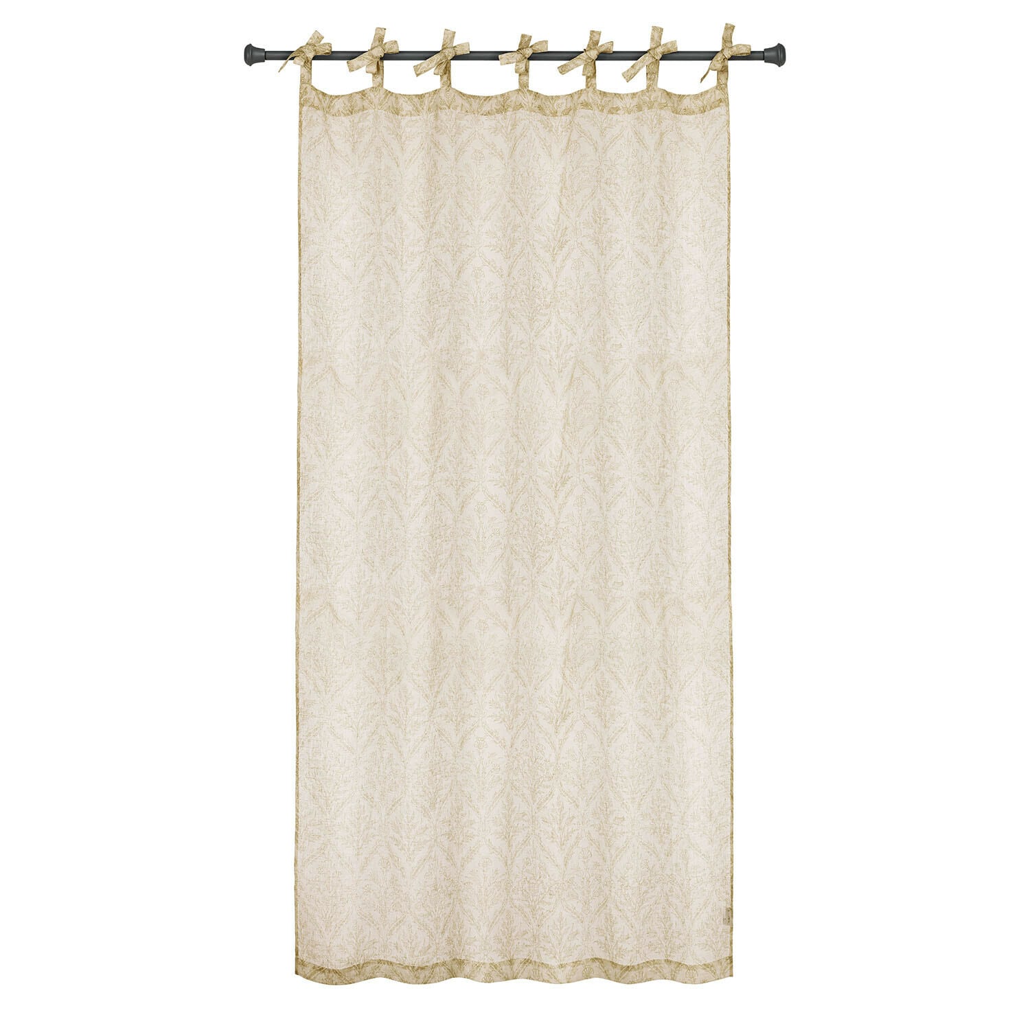 Gordijn Féliciane Beige katoenen gordijn met subtiel plantenpatroon en decoratieve strikjes bovenaan