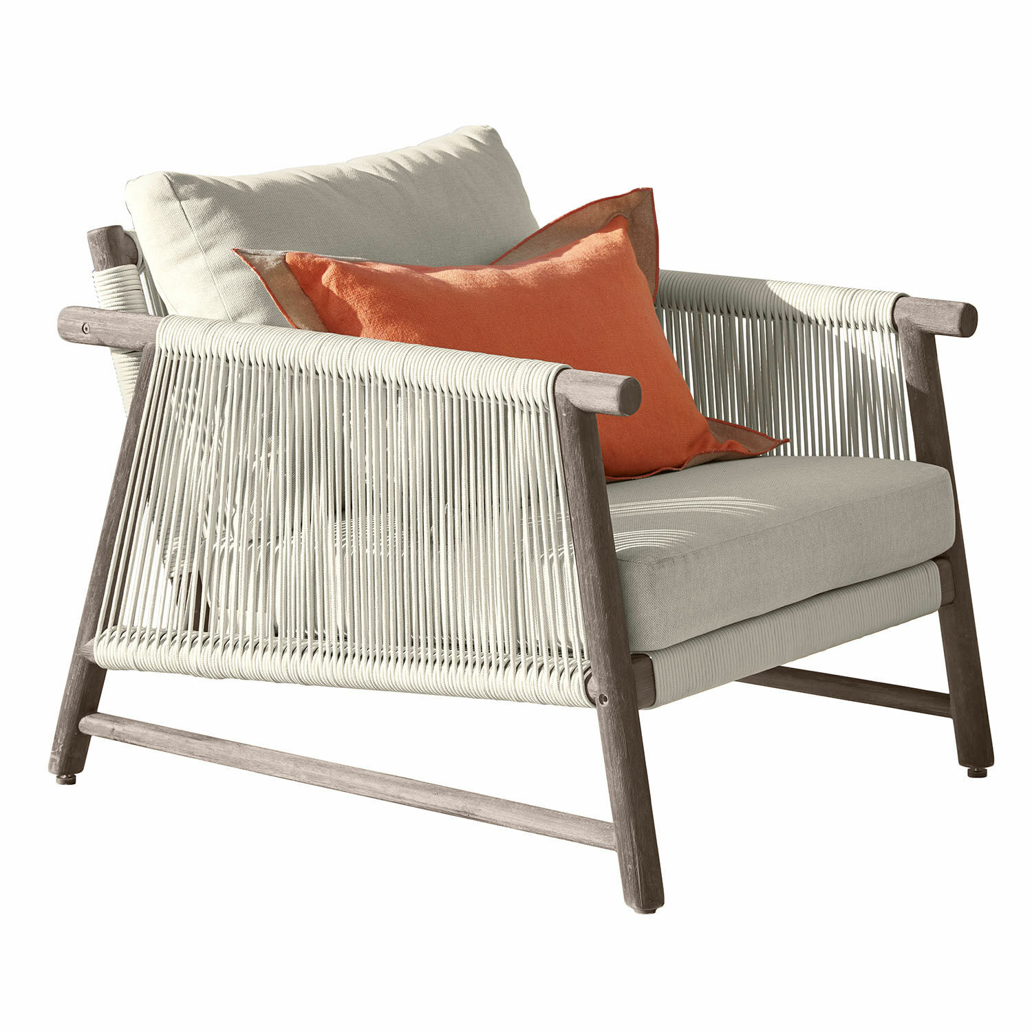 Fauteuil FSC®-100% Clarmontaine Fauteuil en bois et corde beige avec coussin orange, meuble confortable pour salon