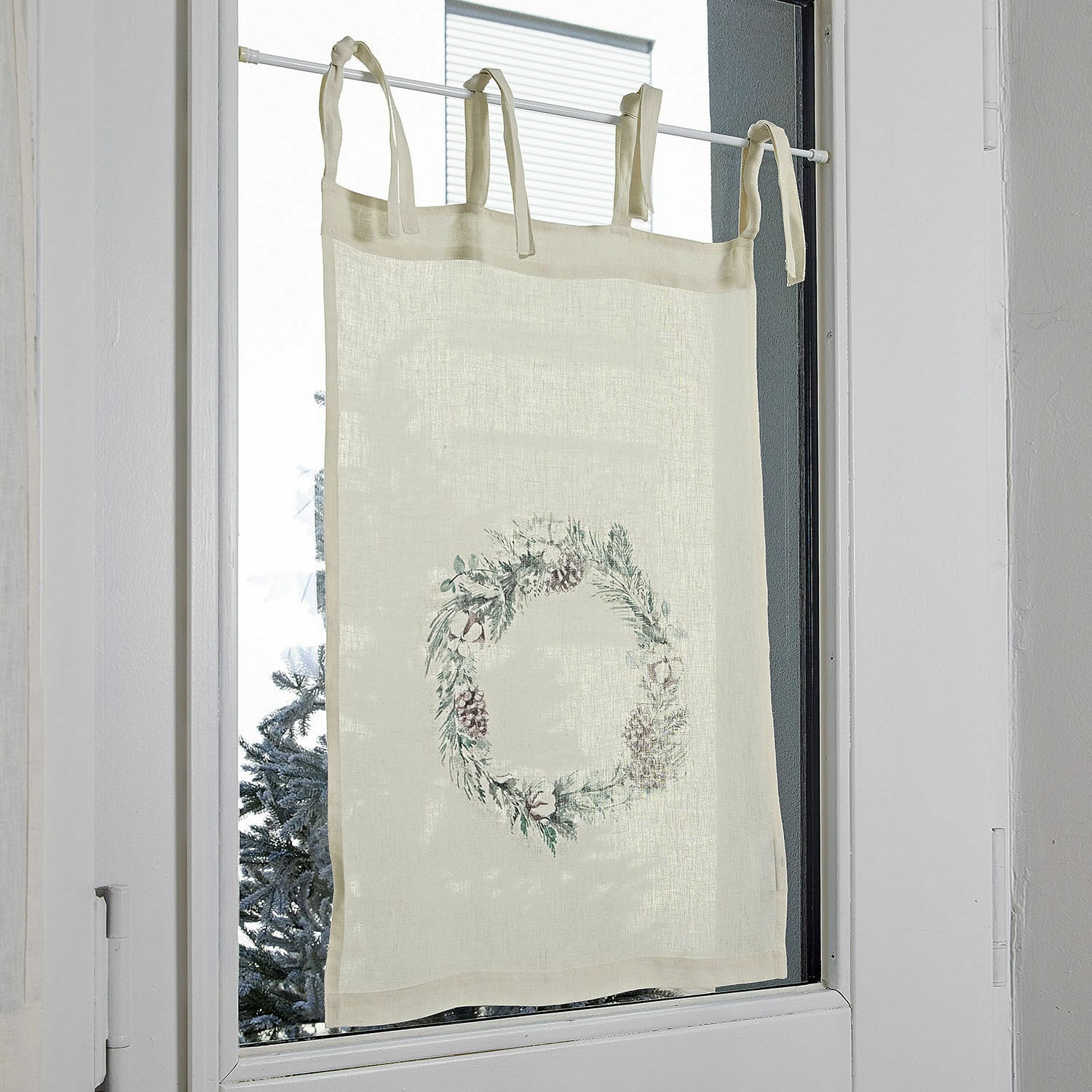 Brise-bise Torge Rideau en lin beige avec couronne décorative de pommes de pin et branches pour fenêtre